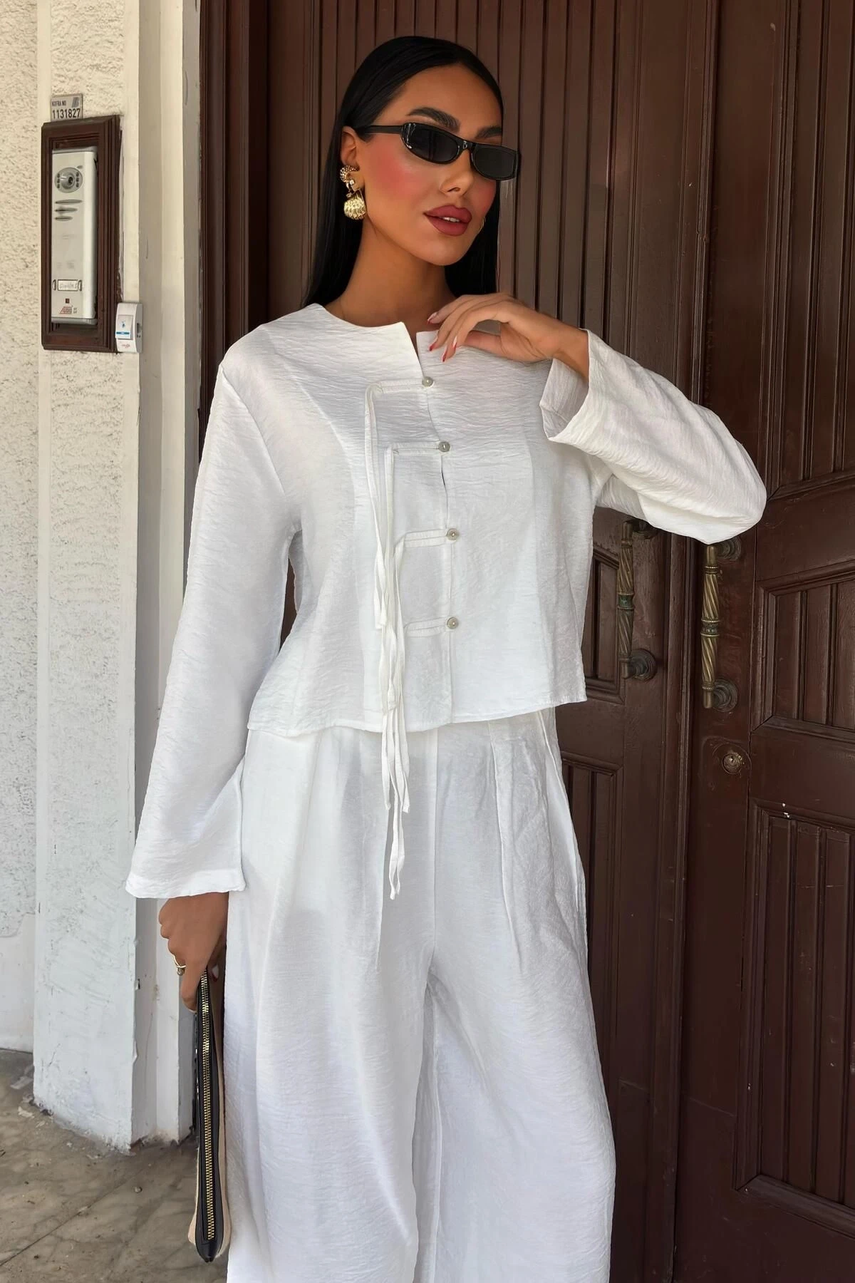 Kadın Beyaz Keten Oversize Uzun İkili Takım