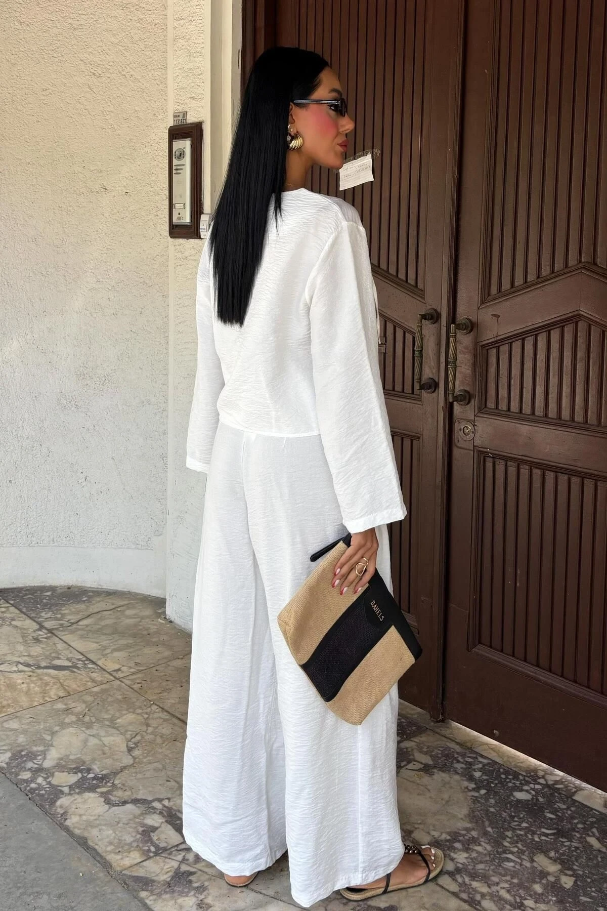 Kadın Beyaz Keten Oversize Uzun İkili Takım