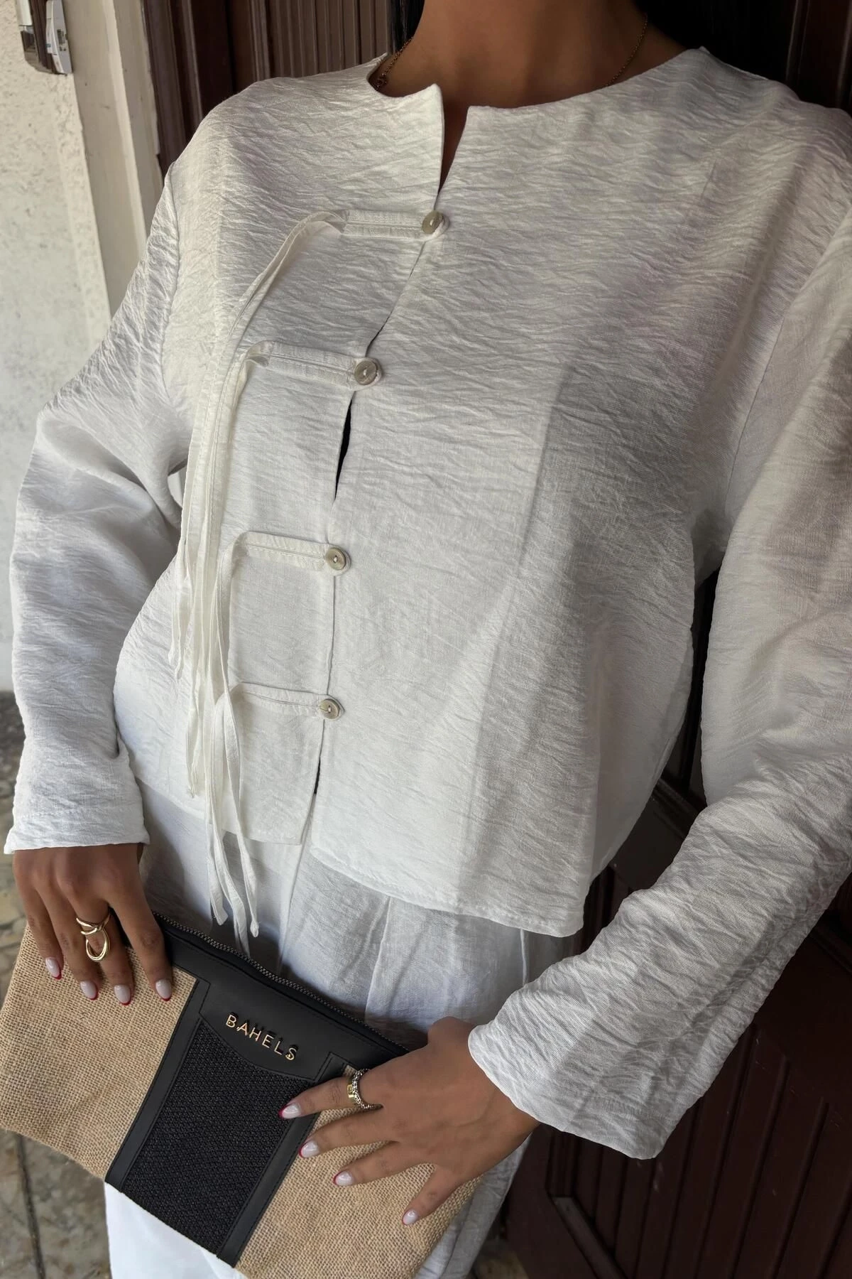 Kadın Beyaz Keten Oversize Uzun İkili Takım