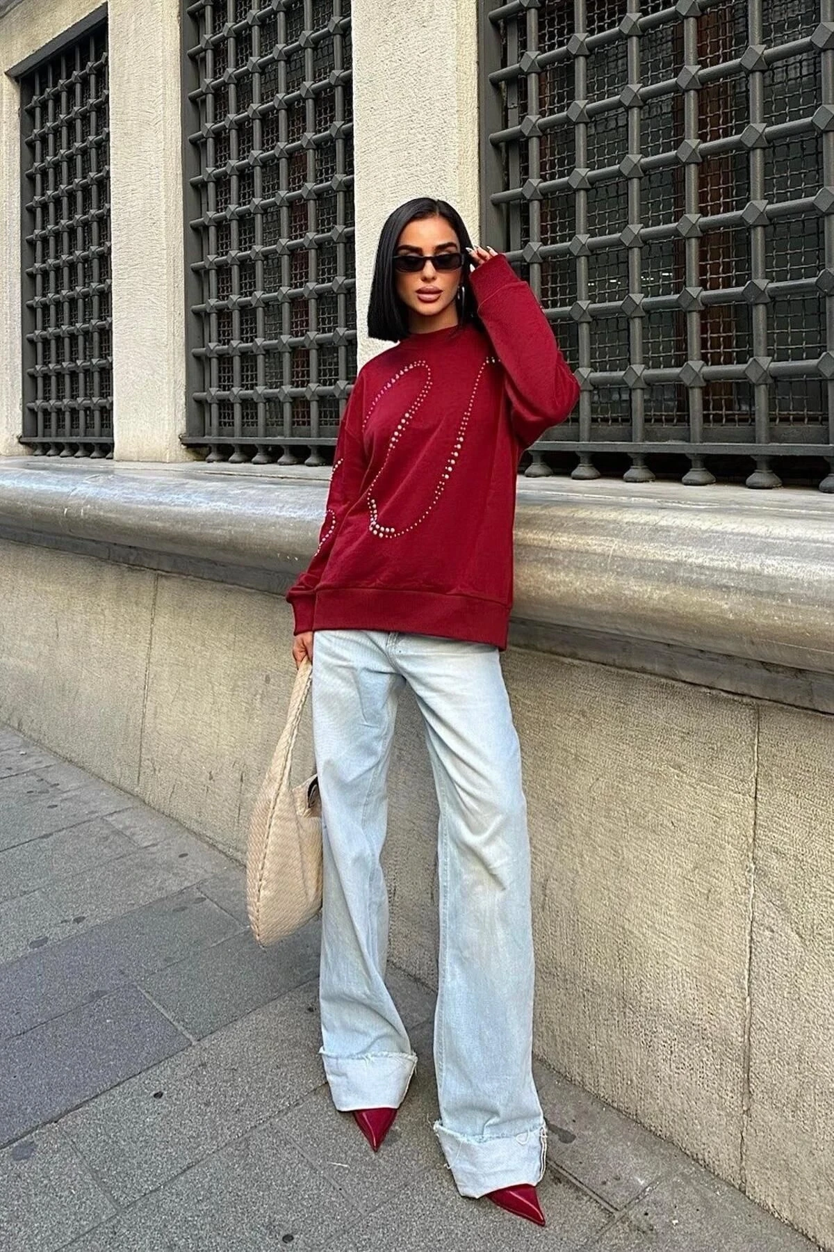 Kadın Bordo Pamuklu Taşlı Oversize Sweatshirt