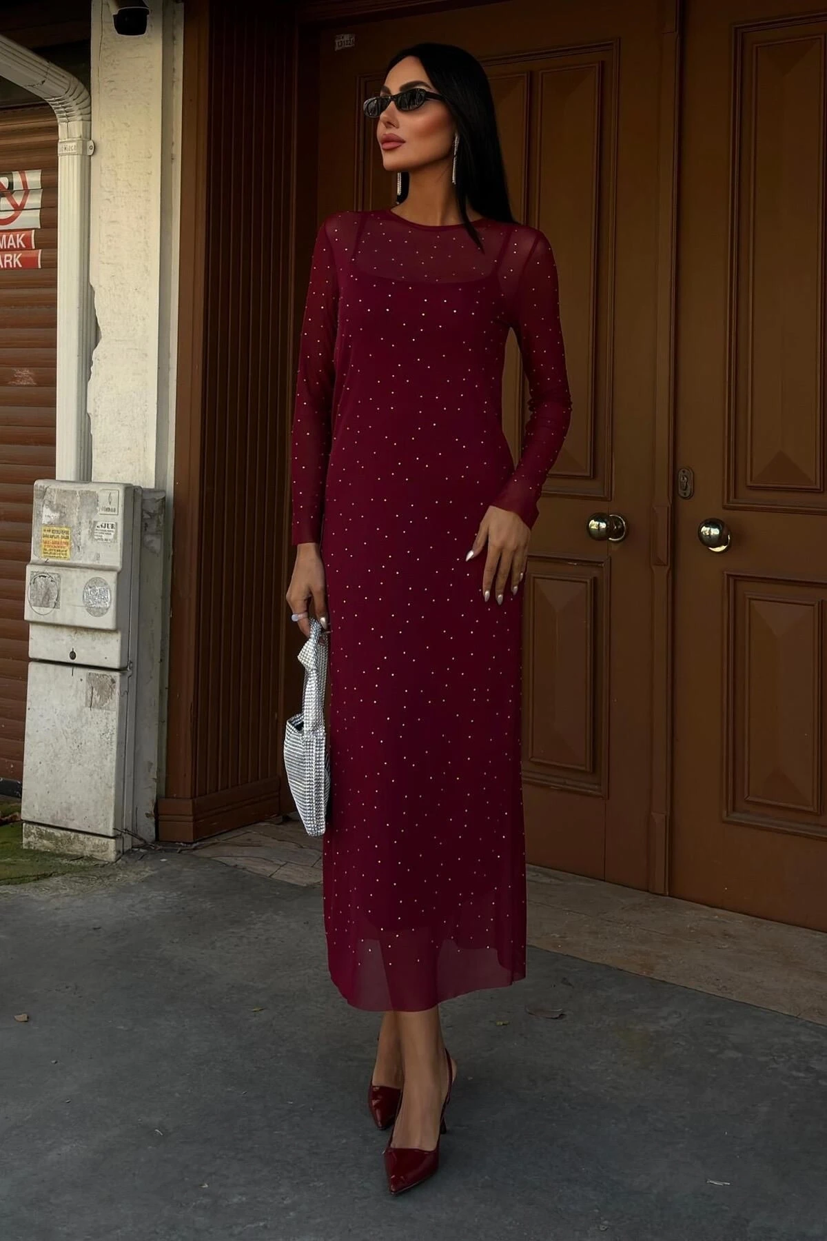 Kadın Bordo Taş İşlemeli Tül Uzun Elbise