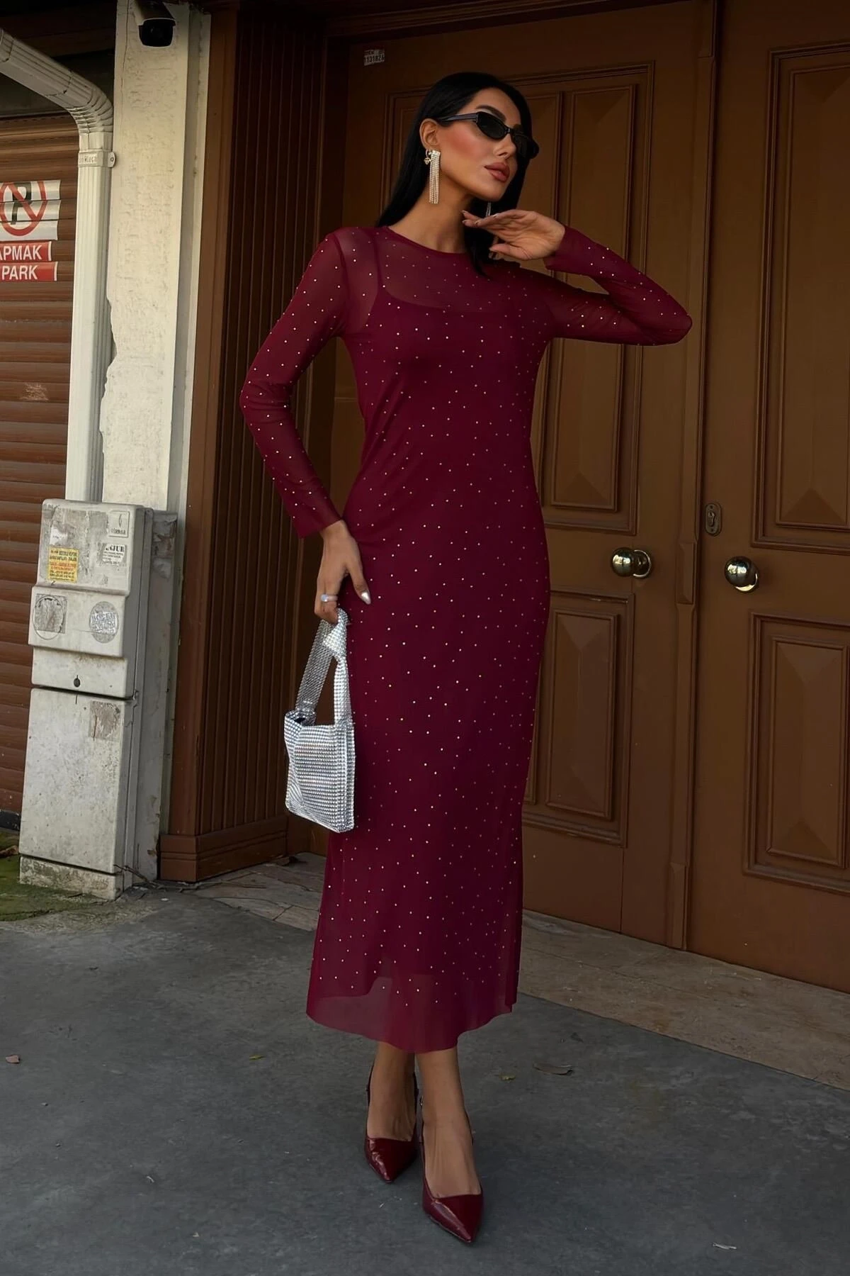 Kadın Bordo Taş İşlemeli Tül Uzun Elbise