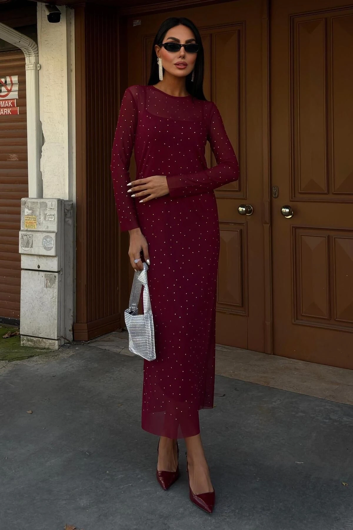 Kadın Bordo Taş İşlemeli Tül Uzun Elbise
