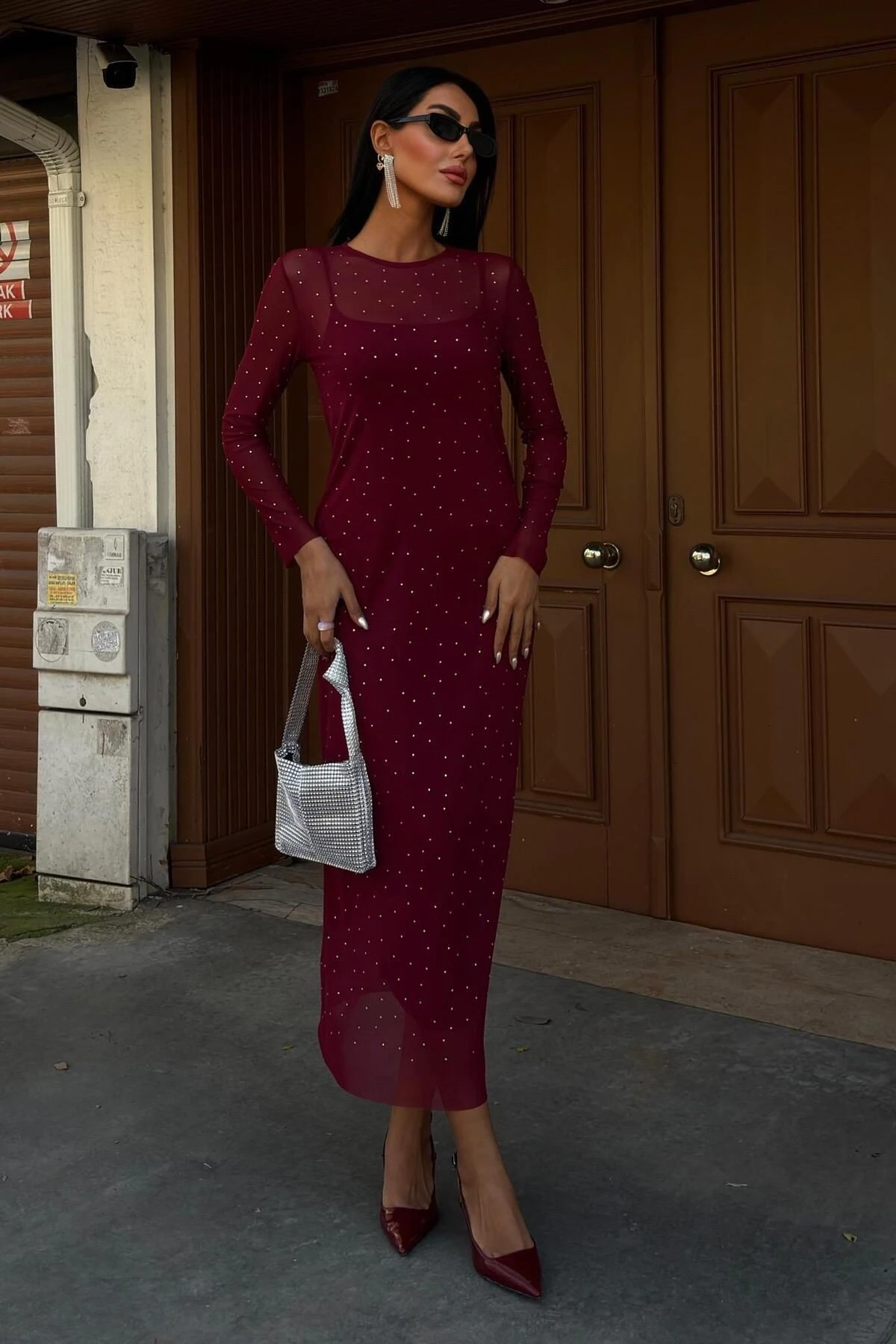Kadın Bordo Taş İşlemeli Tül Uzun Elbise