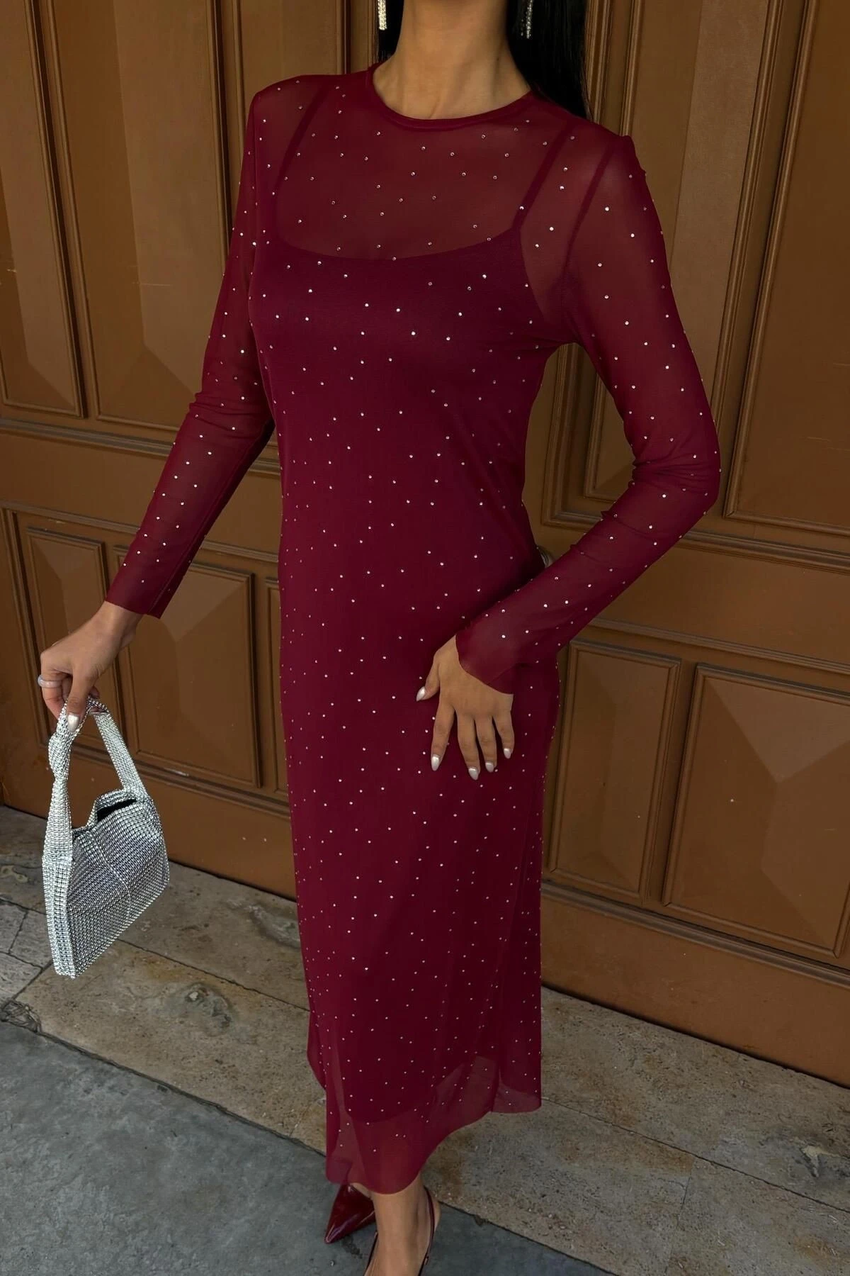 Kadın Bordo Taş İşlemeli Tül Uzun Elbise