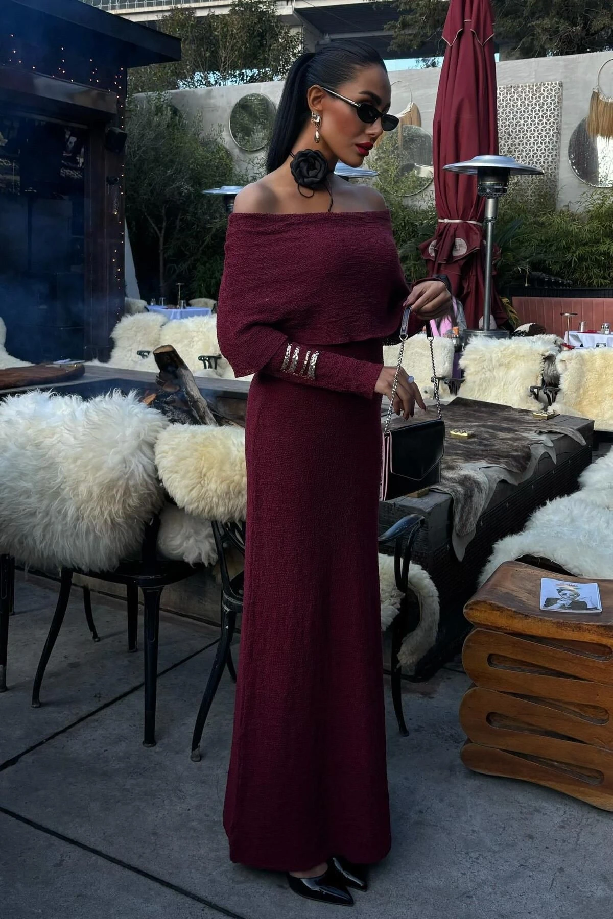 Kadın Bordo Uzun Triko Madonna Yaka Elbise