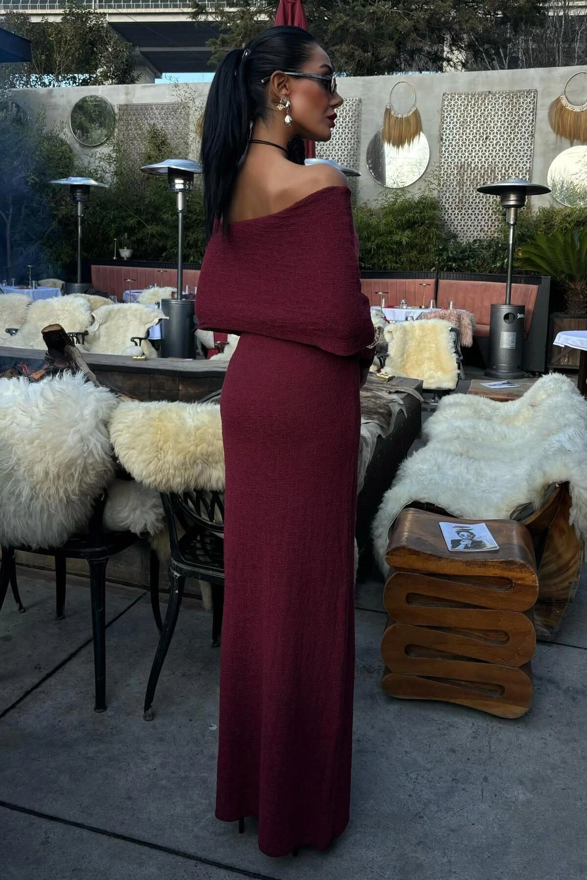 Kadın Bordo Uzun Triko Madonna Yaka Elbise