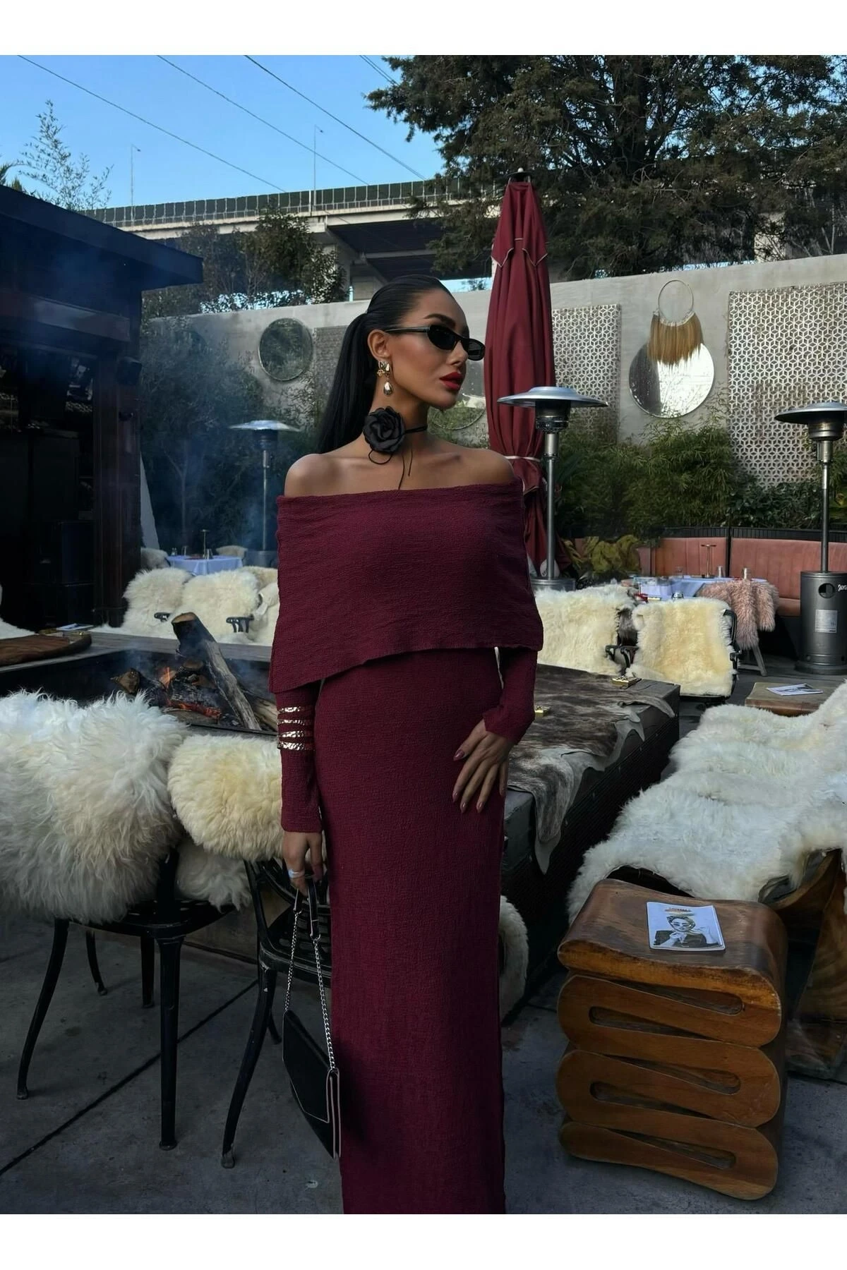 Kadın Bordo Uzun Triko Madonna Yaka Elbise
