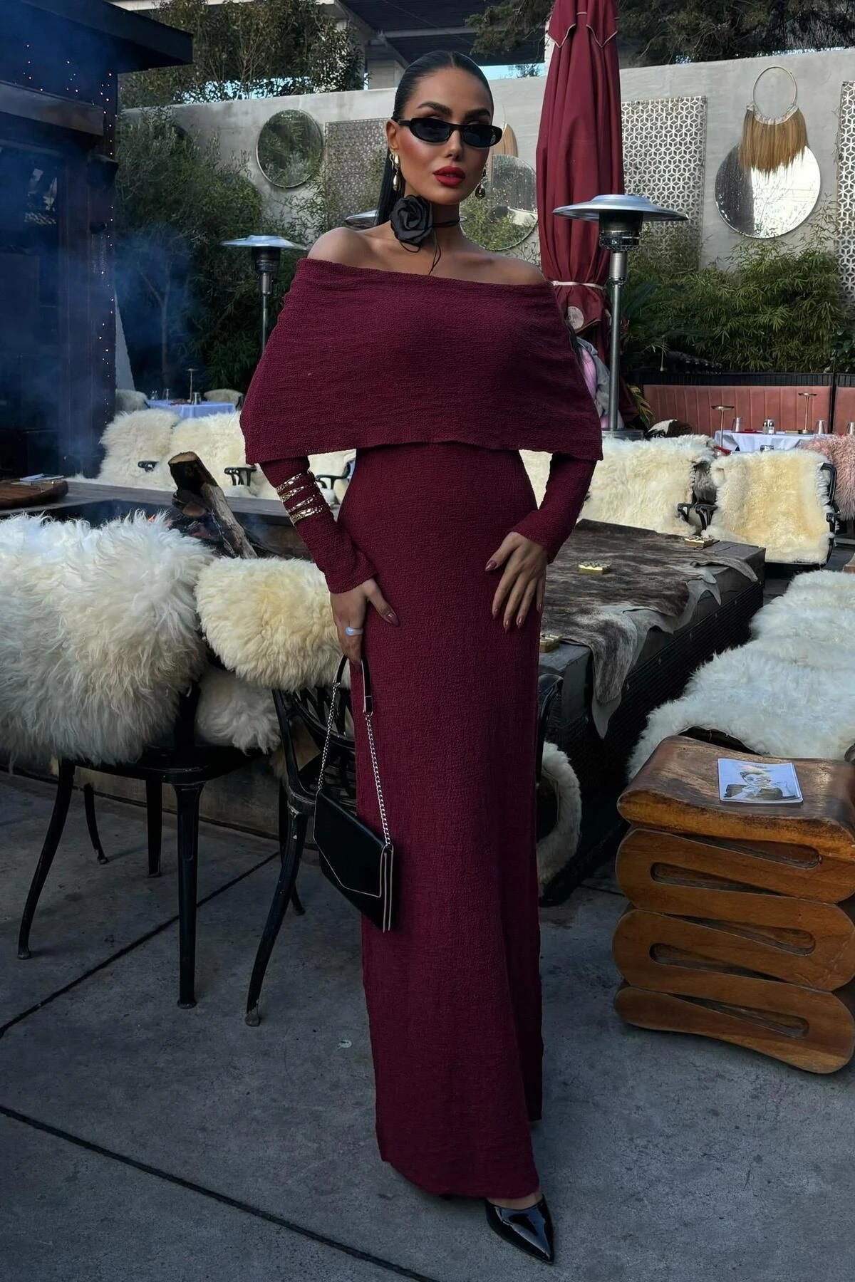 Kadın Bordo Uzun Triko Madonna Yaka Elbise