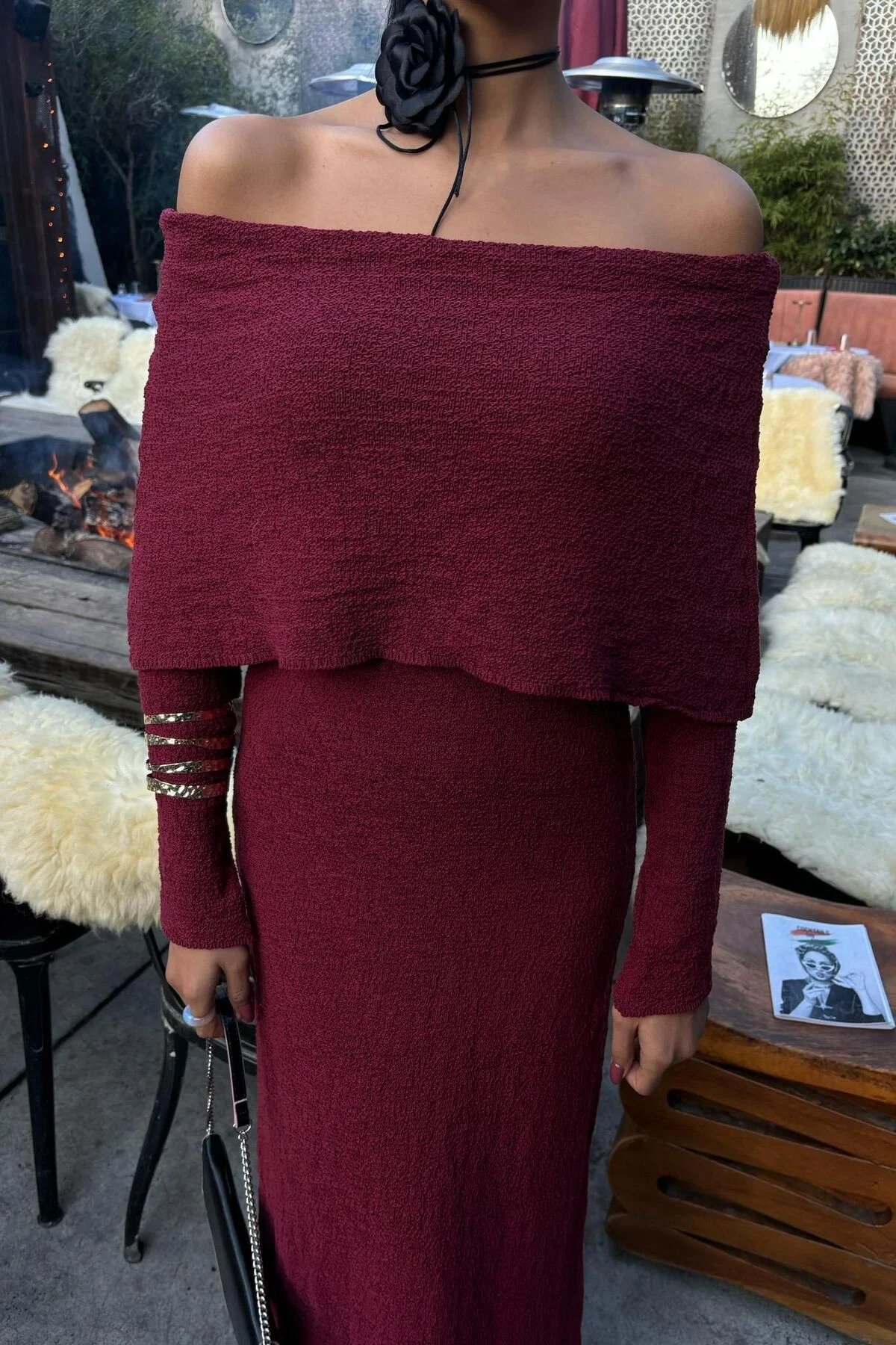 Kadın Bordo Uzun Triko Madonna Yaka Elbise