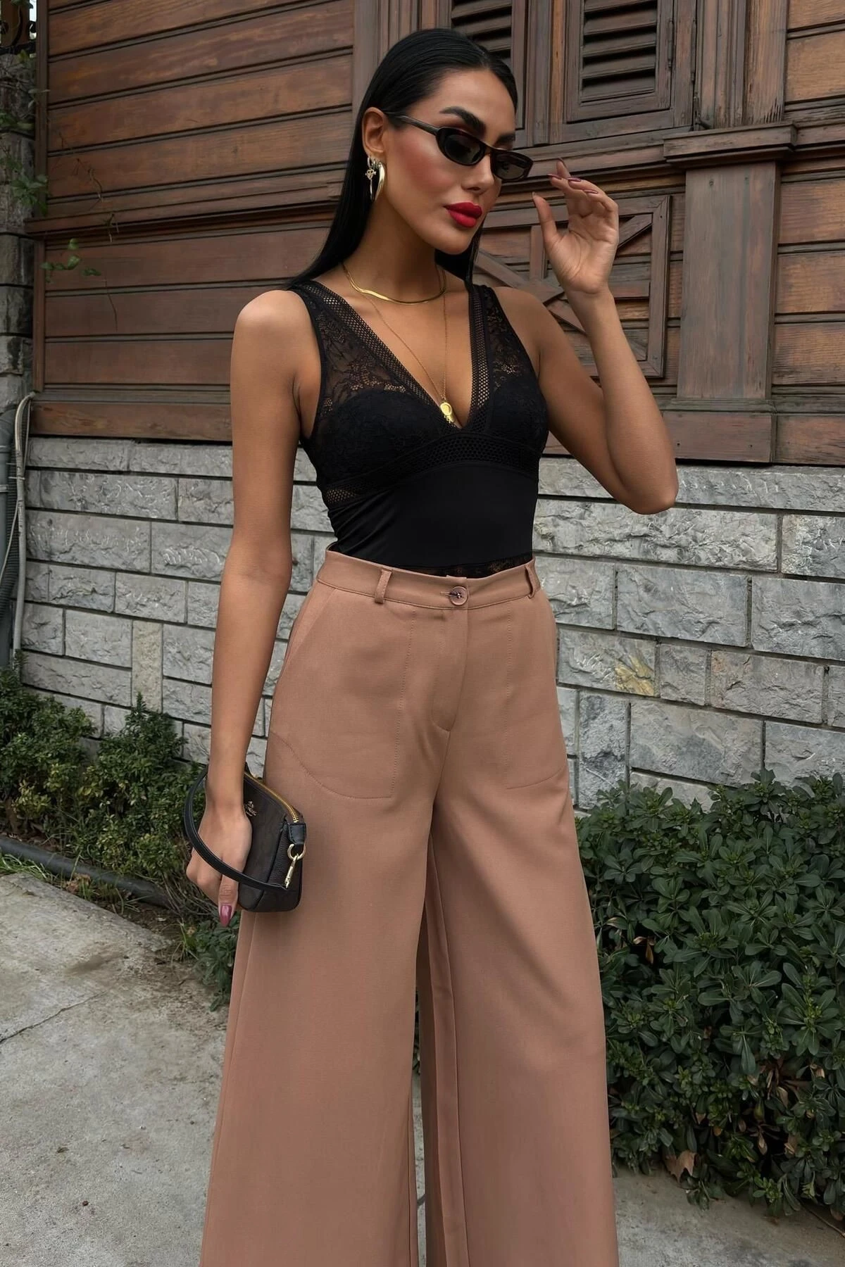 Kadın Camel Dokuma Uzun Bol Paça Palazzo Pantolon