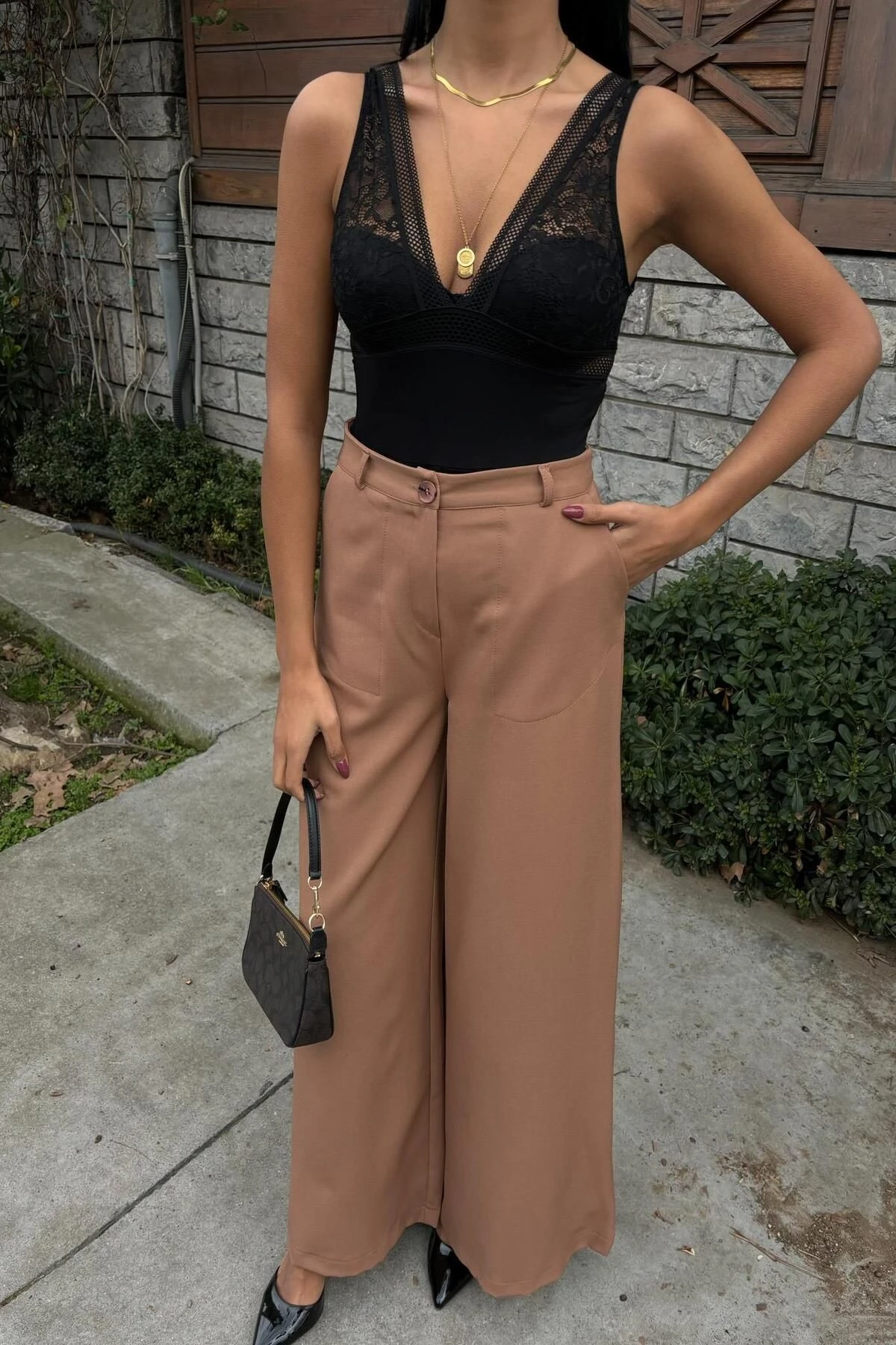 Kadın Camel Dokuma Uzun Bol Paça Palazzo Pantolon