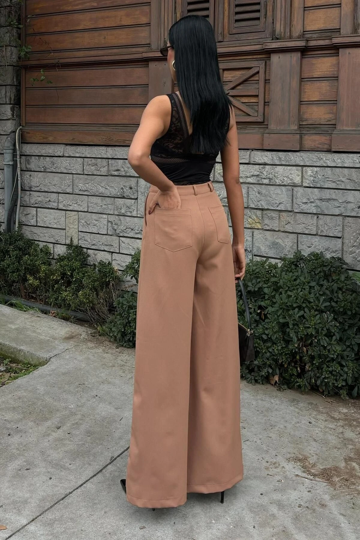 Kadın Camel Dokuma Uzun Bol Paça Palazzo Pantolon