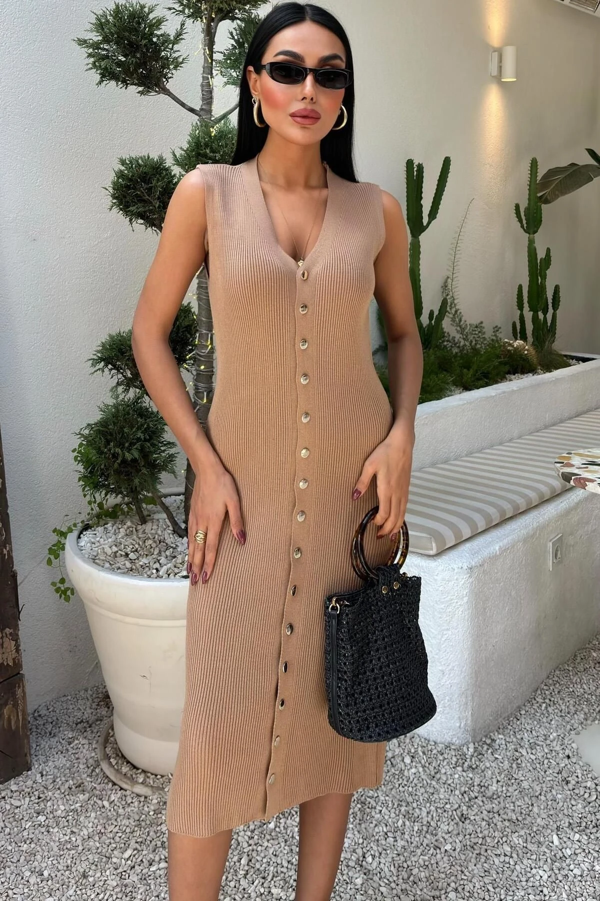 Kadın Camel Fitilli Örme Kolsuz Uzun Elbise