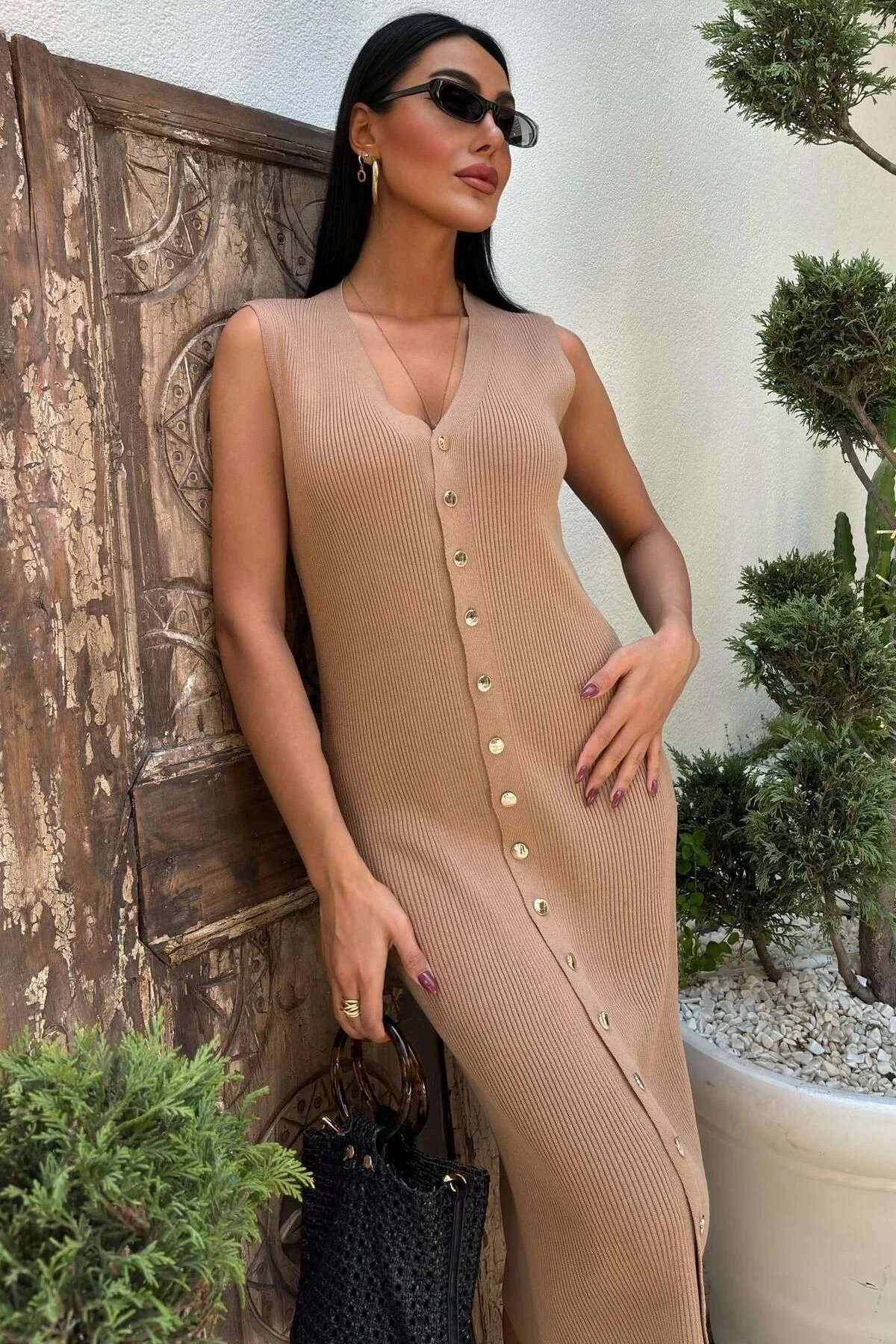 Kadın Camel Fitilli Örme Kolsuz Uzun Elbise