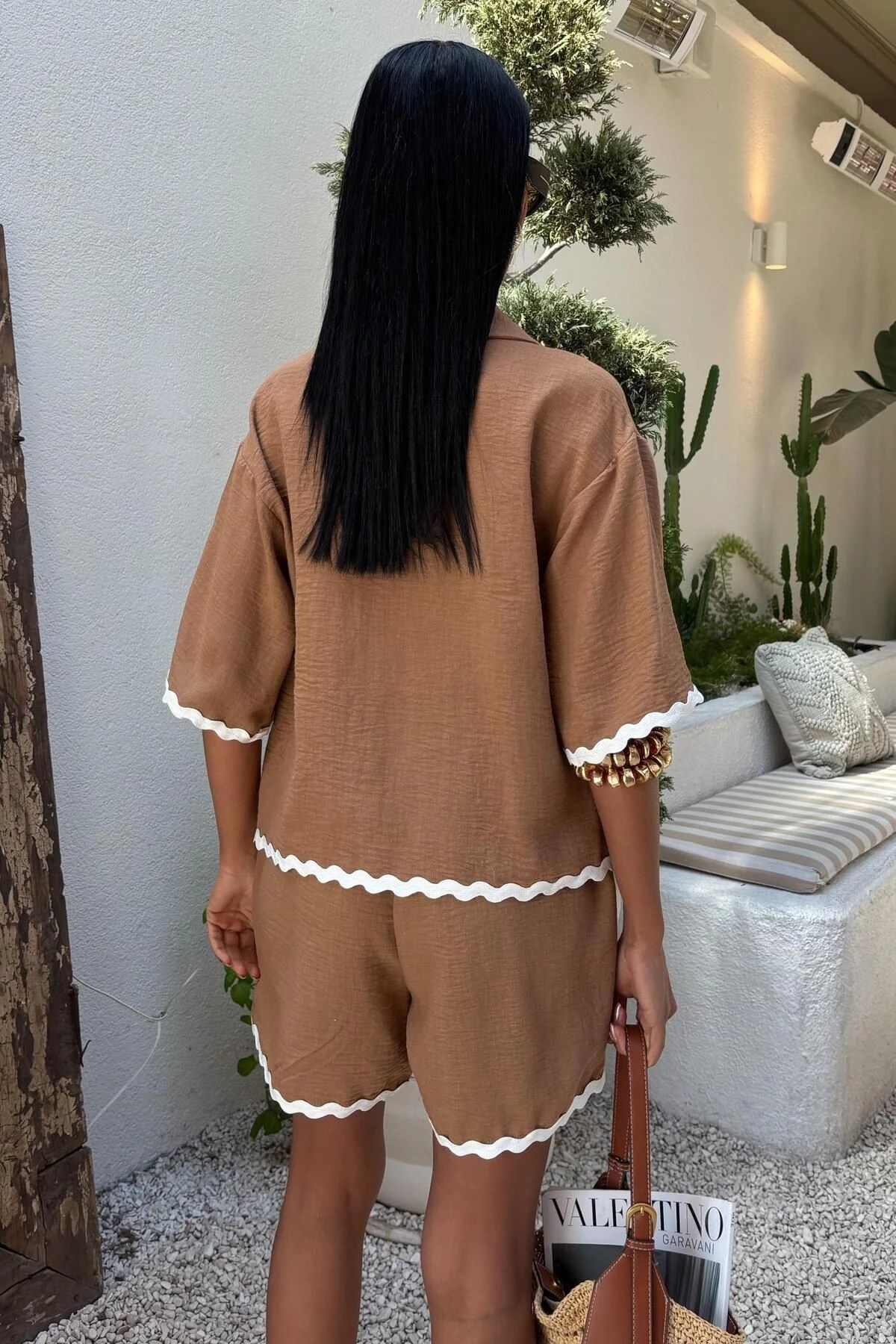 Kadın Camel Keten Biye Detaylı Kısa Şortlu Takım