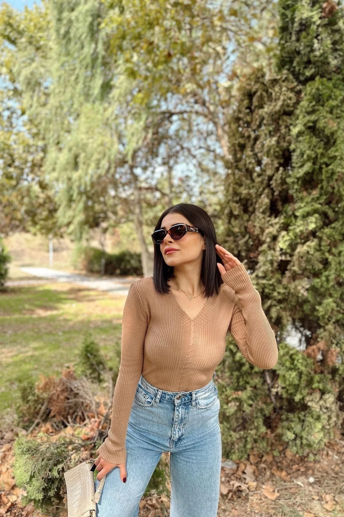 Kadın Camel V Yaka, Uzun Kol, Vucüda Oturan Kalıp, Esnek Kumaş, Örgü Desen Triko Bluz