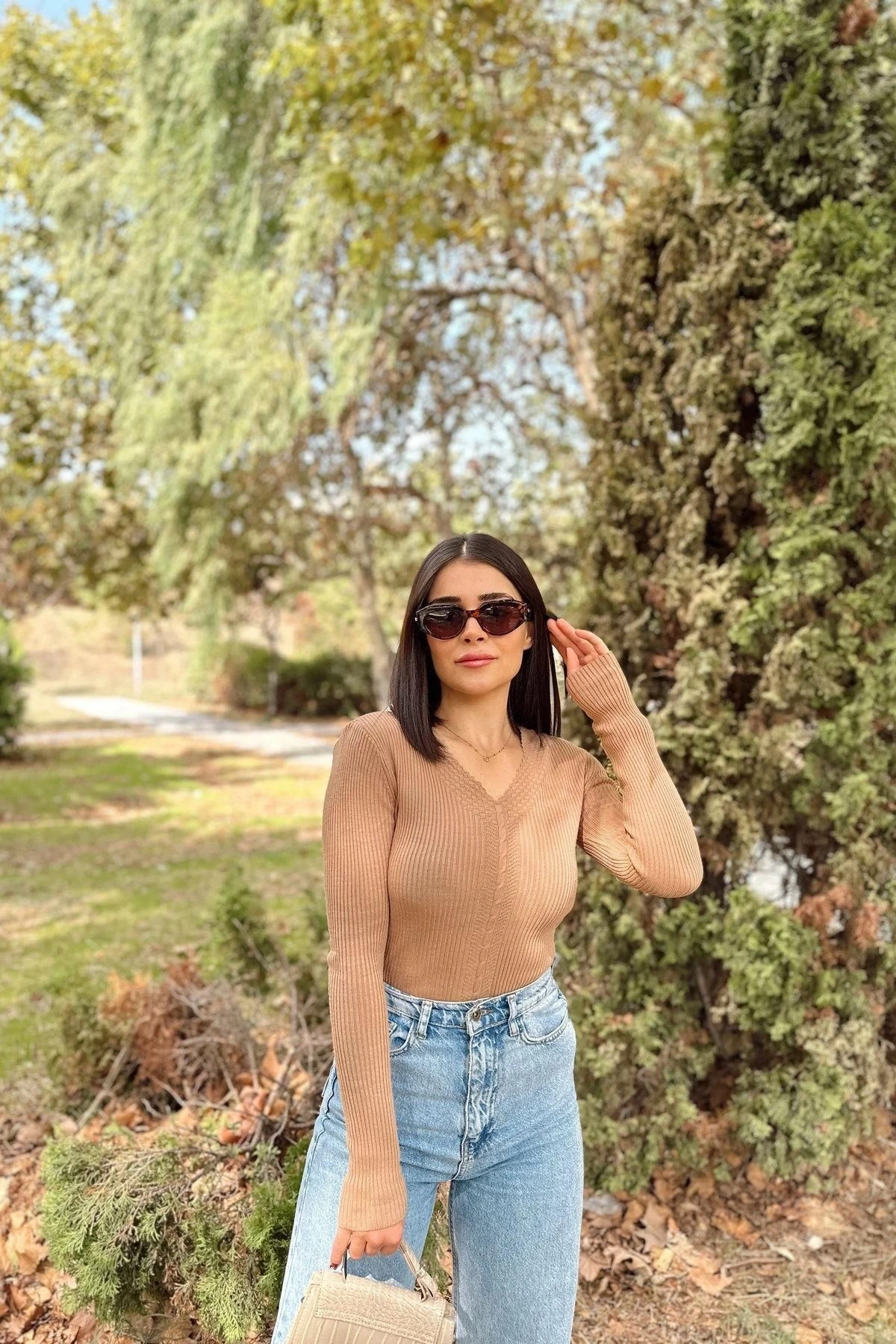 Kadın Camel V Yaka, Uzun Kol, Vucüda Oturan Kalıp, Esnek Kumaş, Örgü Desen Triko Bluz