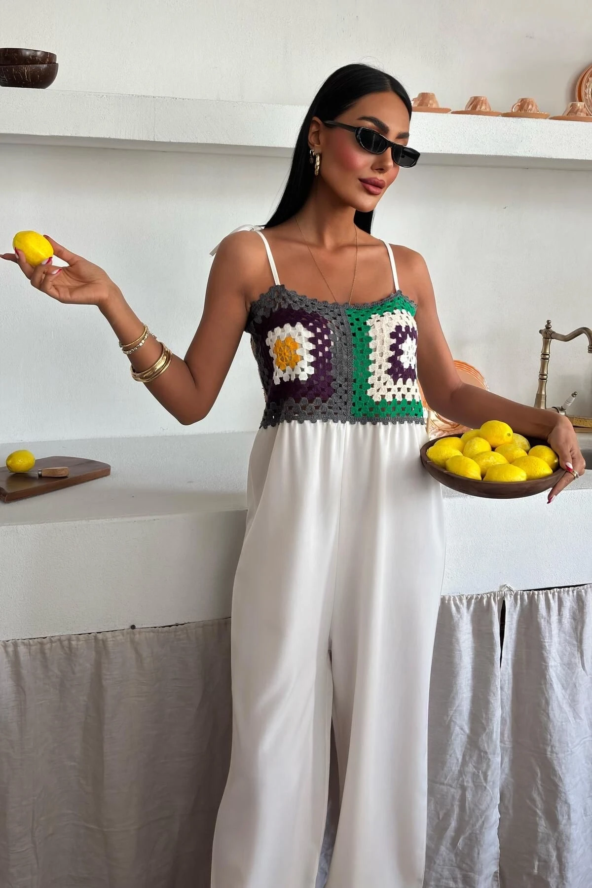 Kadın Ekru Desenli Dokuma Askılı Uzun Tulum