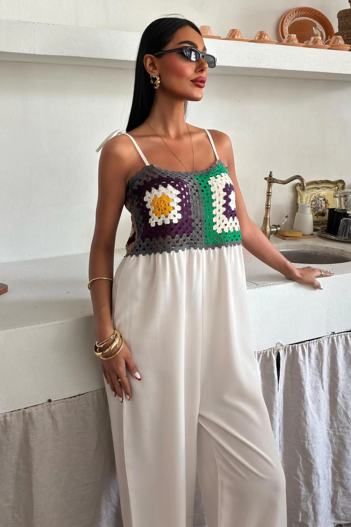 Kadın Ekru Desenli Dokuma Askılı Uzun Tulum