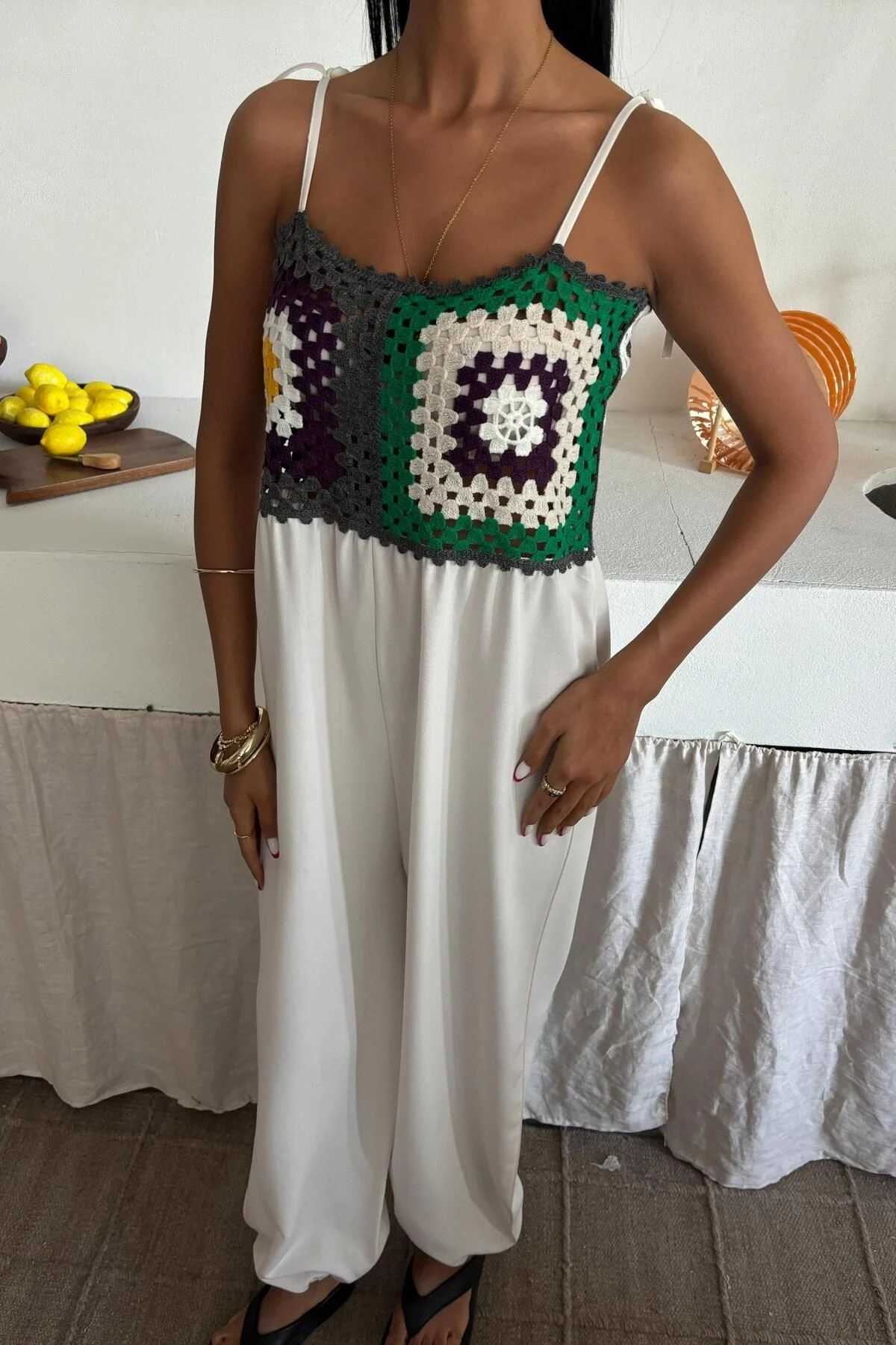 Kadın Ekru Desenli Dokuma Askılı Uzun Tulum