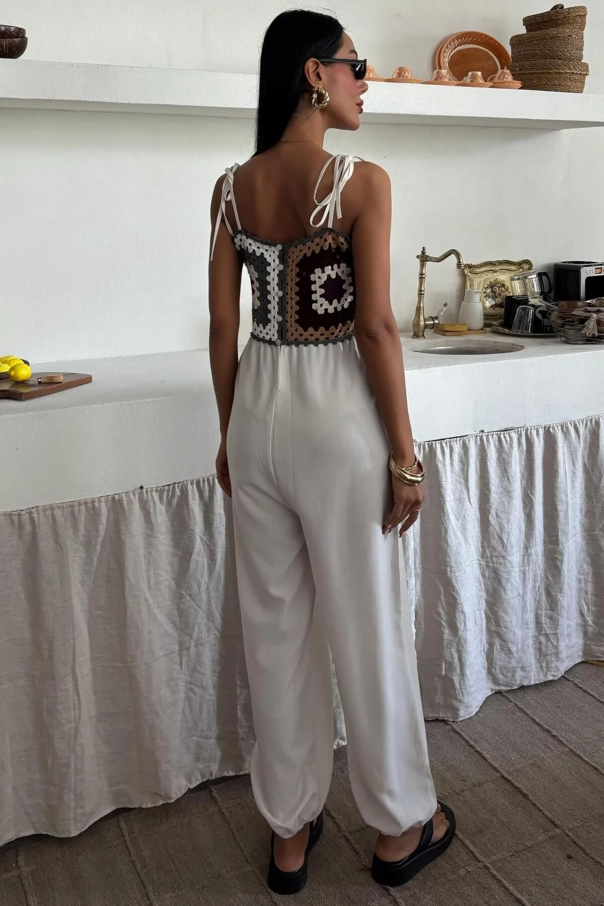 Kadın Ekru Desenli Dokuma Askılı Uzun Tulum