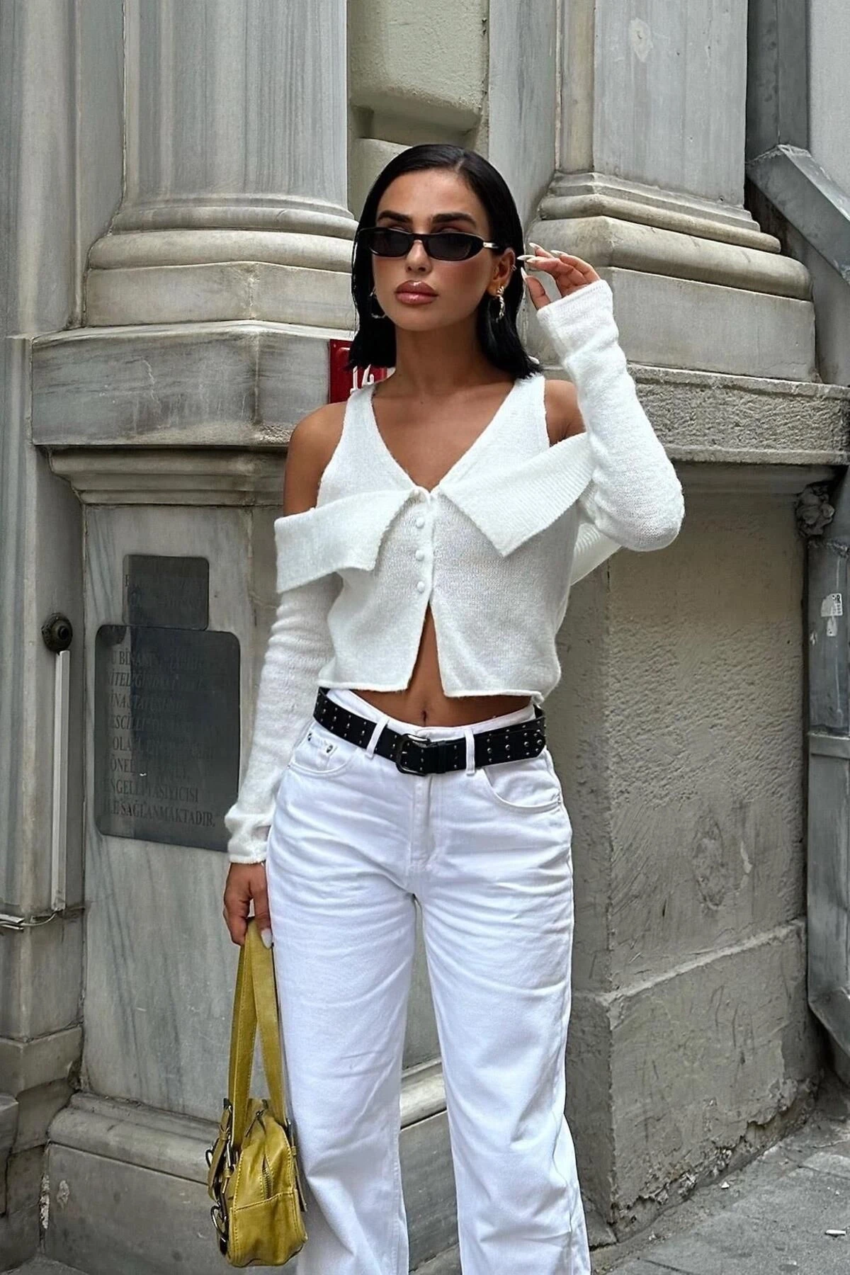 Kadın Ekru Kruvaze Triko Uzun Kollu Hırka