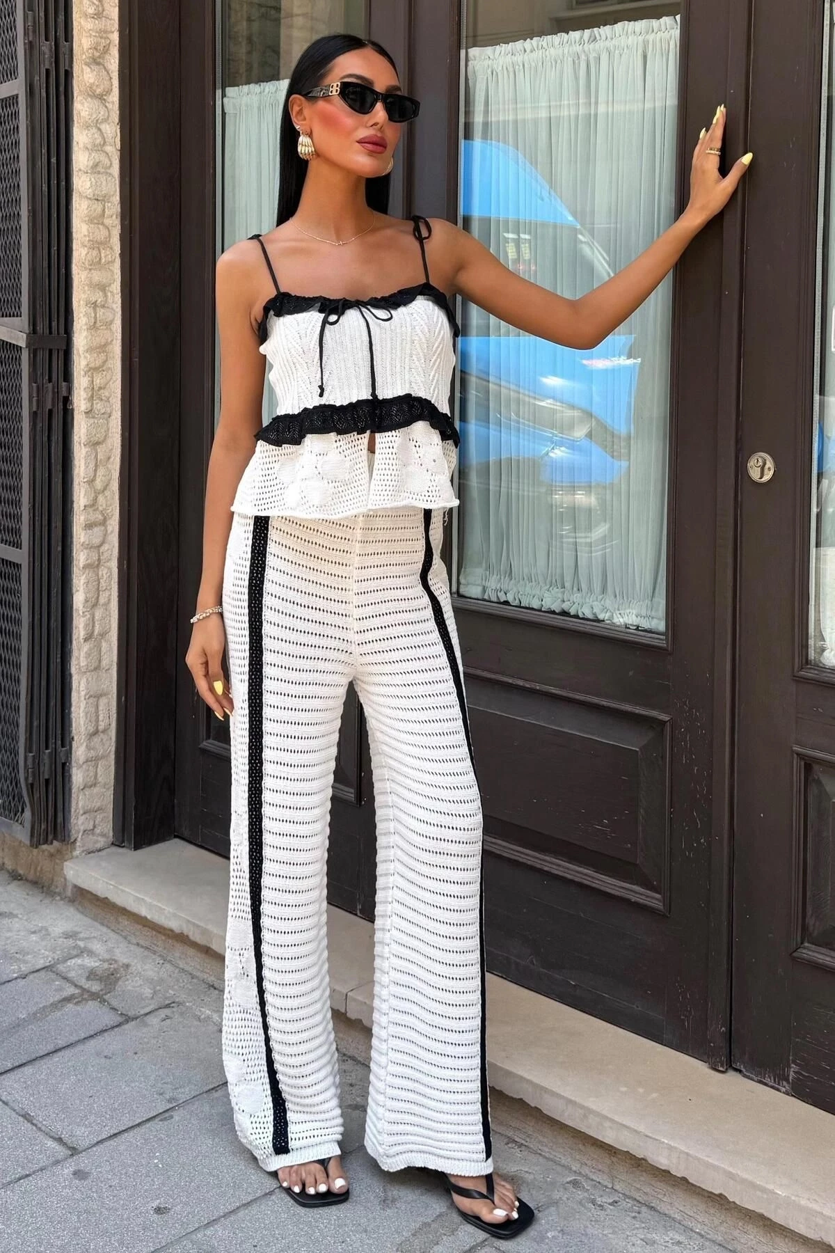 Kadın Ekru Pamuk Polyester Askılı Uzun Triko Takım