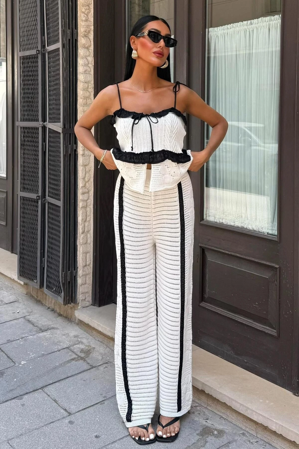 Kadın Ekru Pamuk Polyester Askılı Uzun Triko Takım