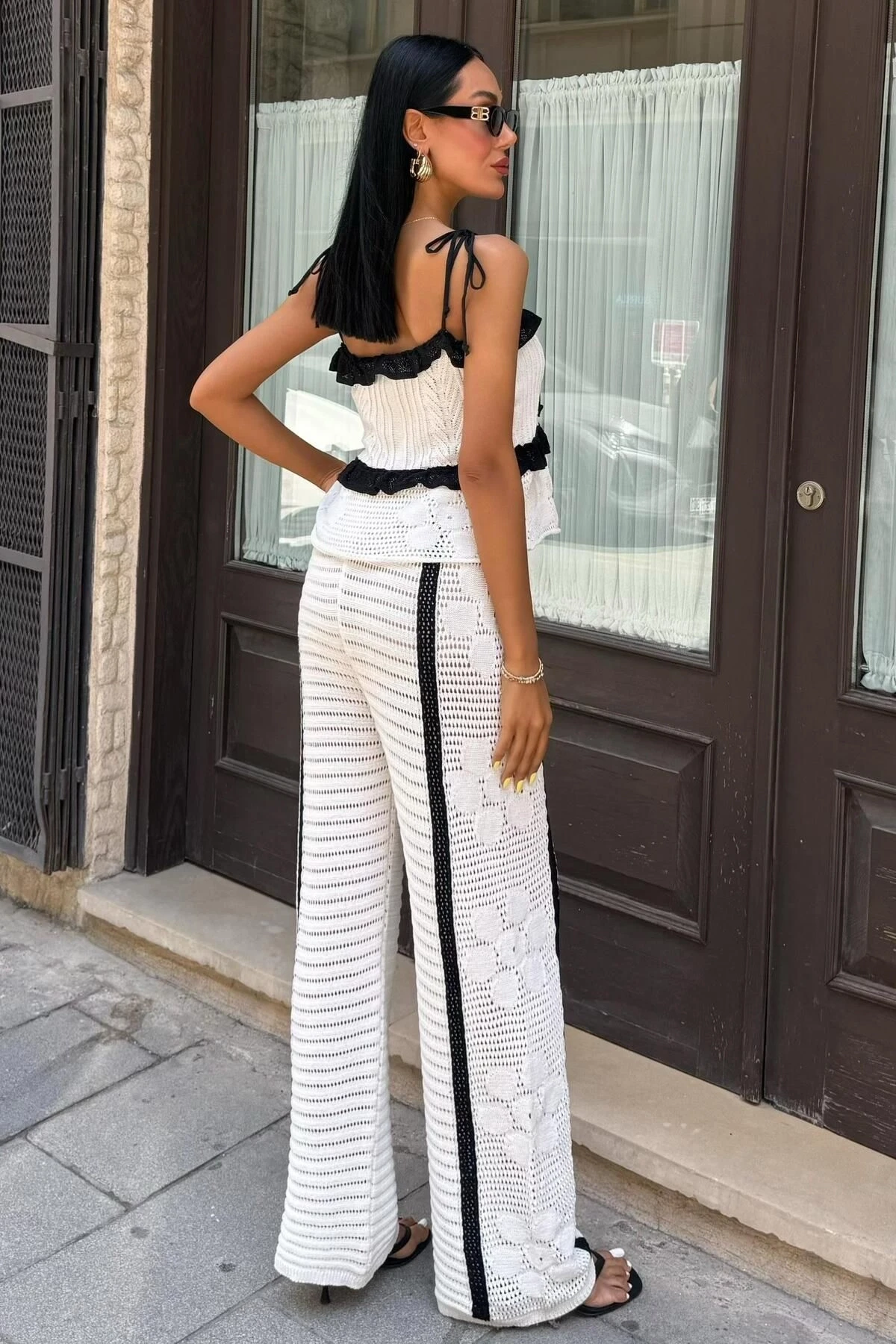 Kadın Ekru Pamuk Polyester Askılı Uzun Triko Takım