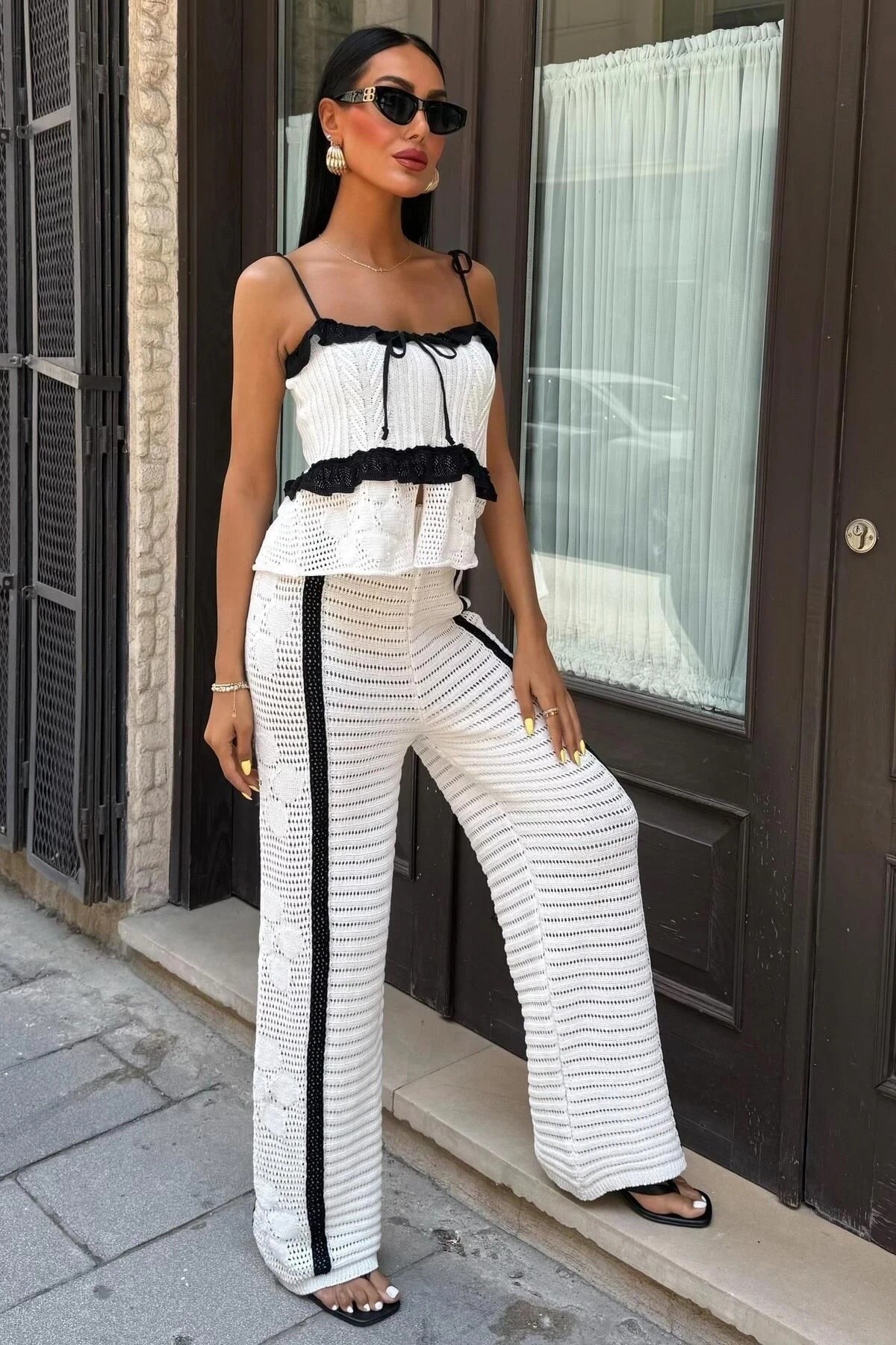 Kadın Ekru Pamuk Polyester Askılı Uzun Triko Takım