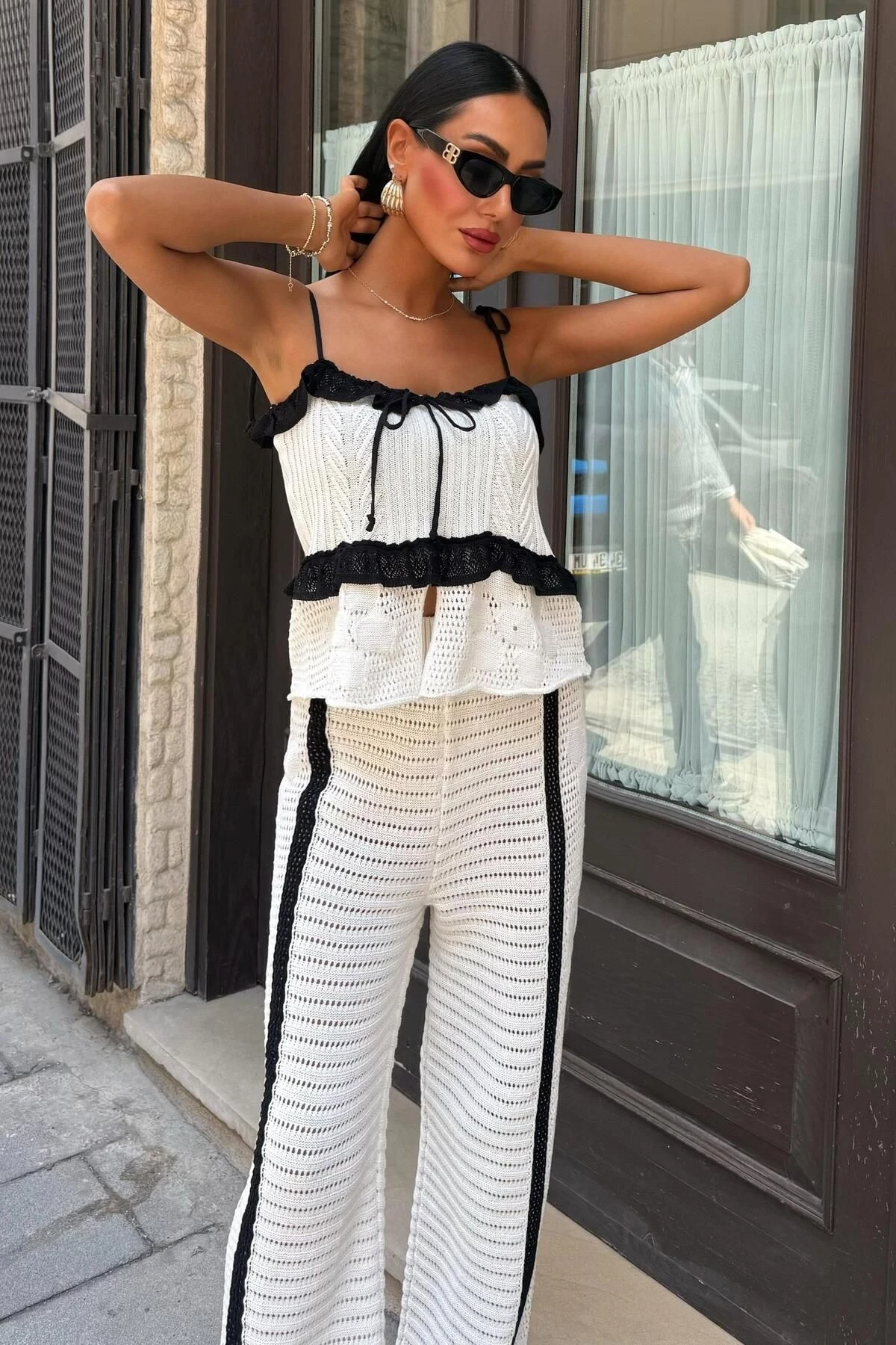 Kadın Ekru Pamuk Polyester Askılı Uzun Triko Takım