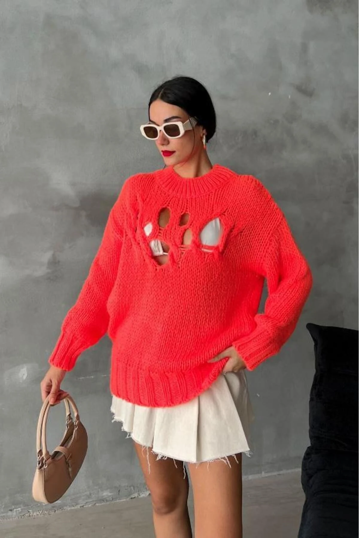 Kadın Fuşya Oversize Akrelik Triko Yarım Balıkçı Kazak