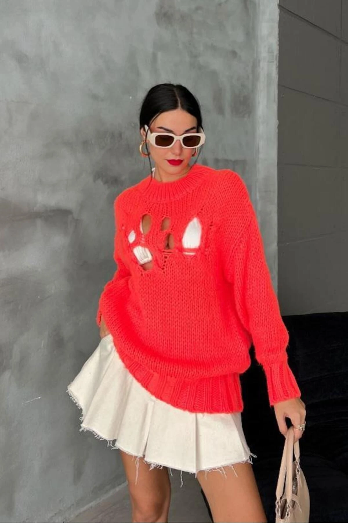 Kadın Fuşya Oversize Akrelik Triko Yarım Balıkçı Kazak