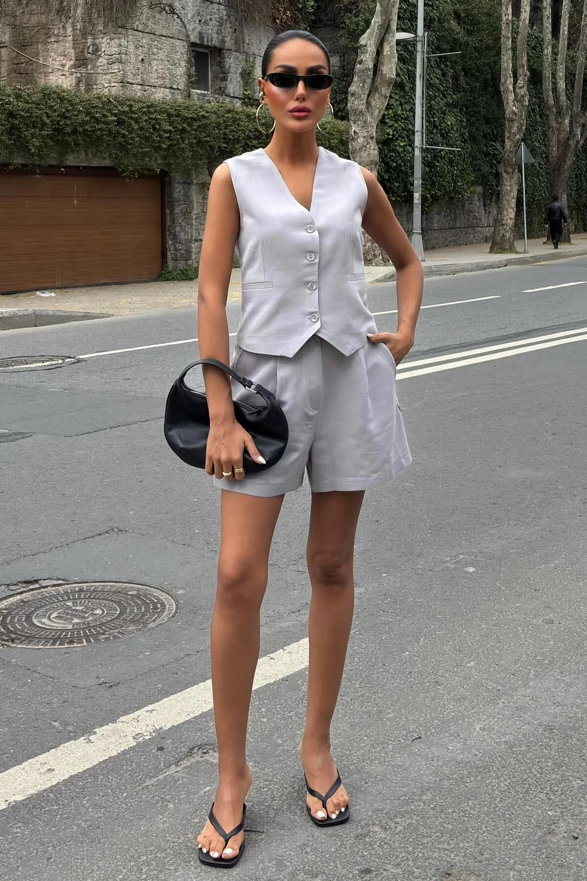 Kadın Gri Flamlı Keten Yelek Şort İkili Takım