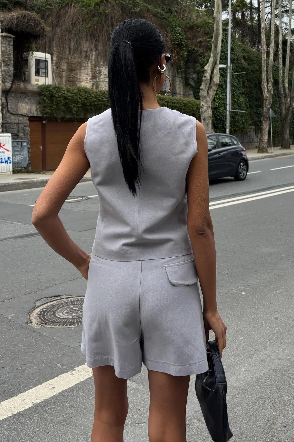 Kadın Gri Flamlı Keten Yelek Şort İkili Takım