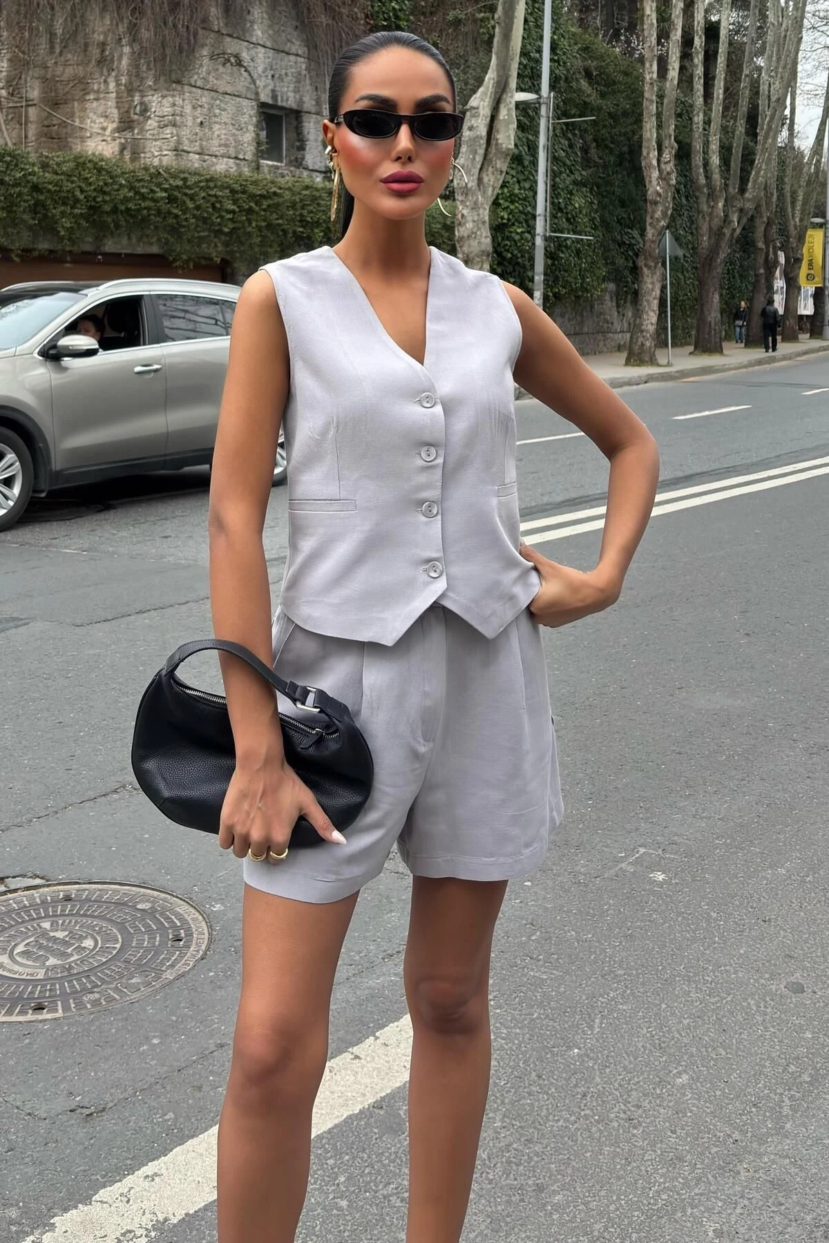 Kadın Gri Flamlı Keten Yelek Şort İkili Takım