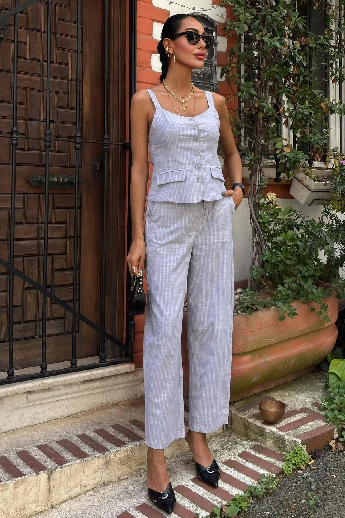 Kadın Gri Keten V Yaka Askılı Uzun Takım