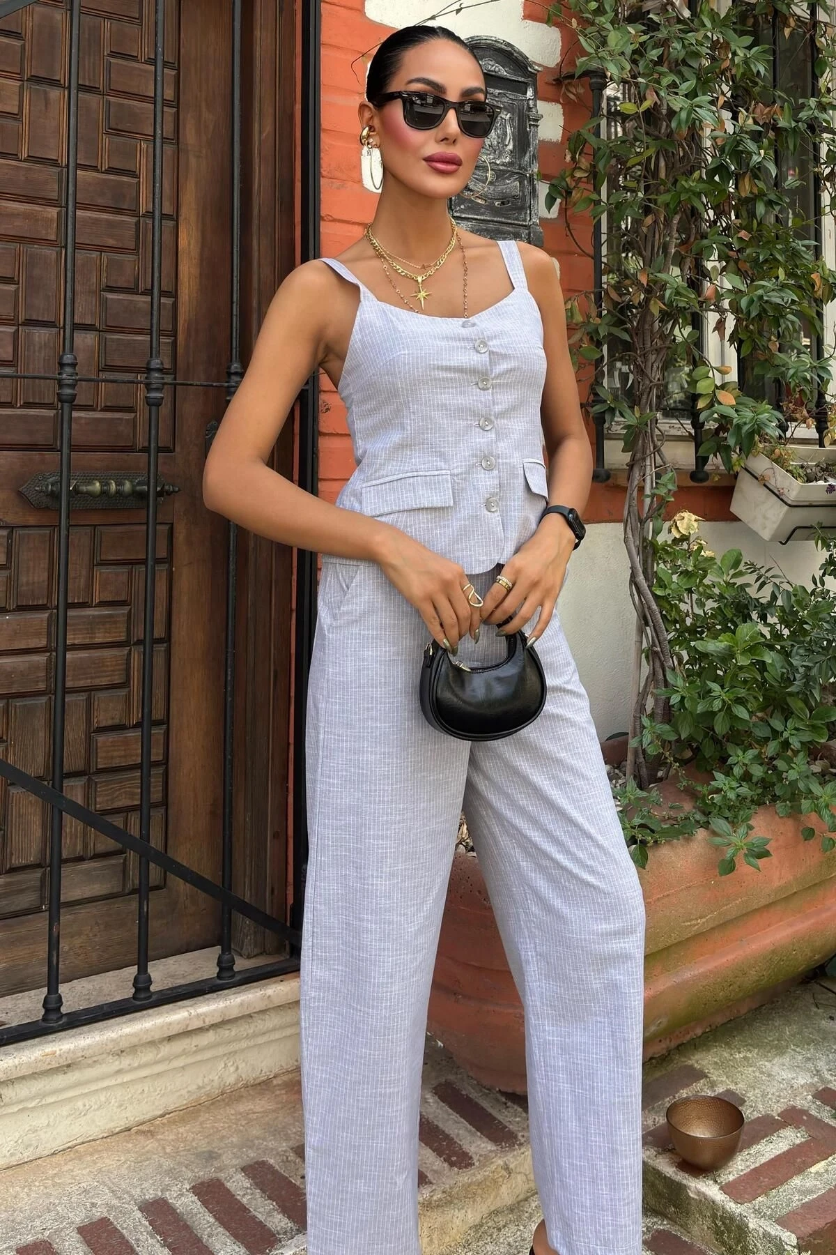 Kadın Gri Keten V Yaka Askılı Uzun Takım