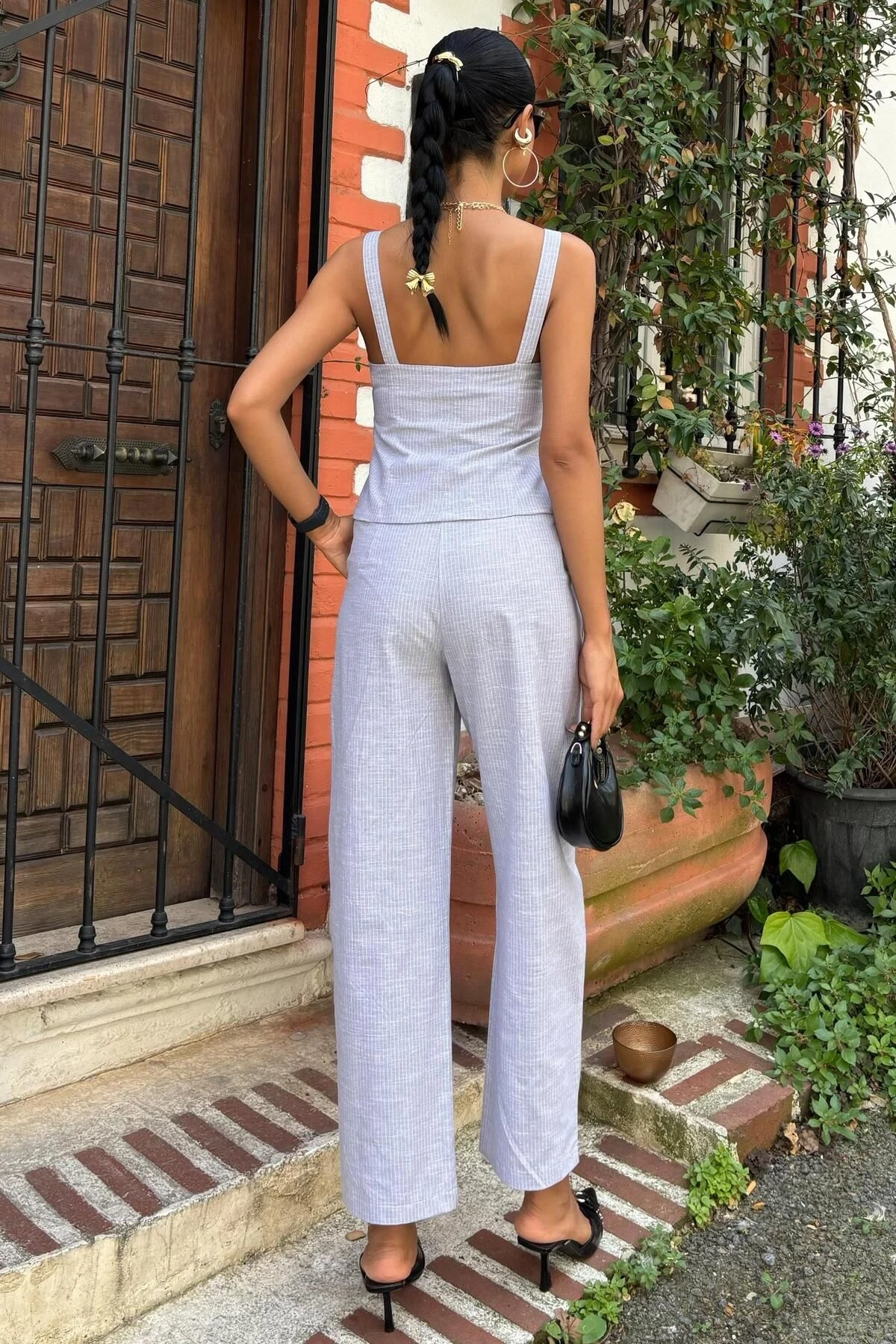 Kadın Gri Keten V Yaka Askılı Uzun Takım