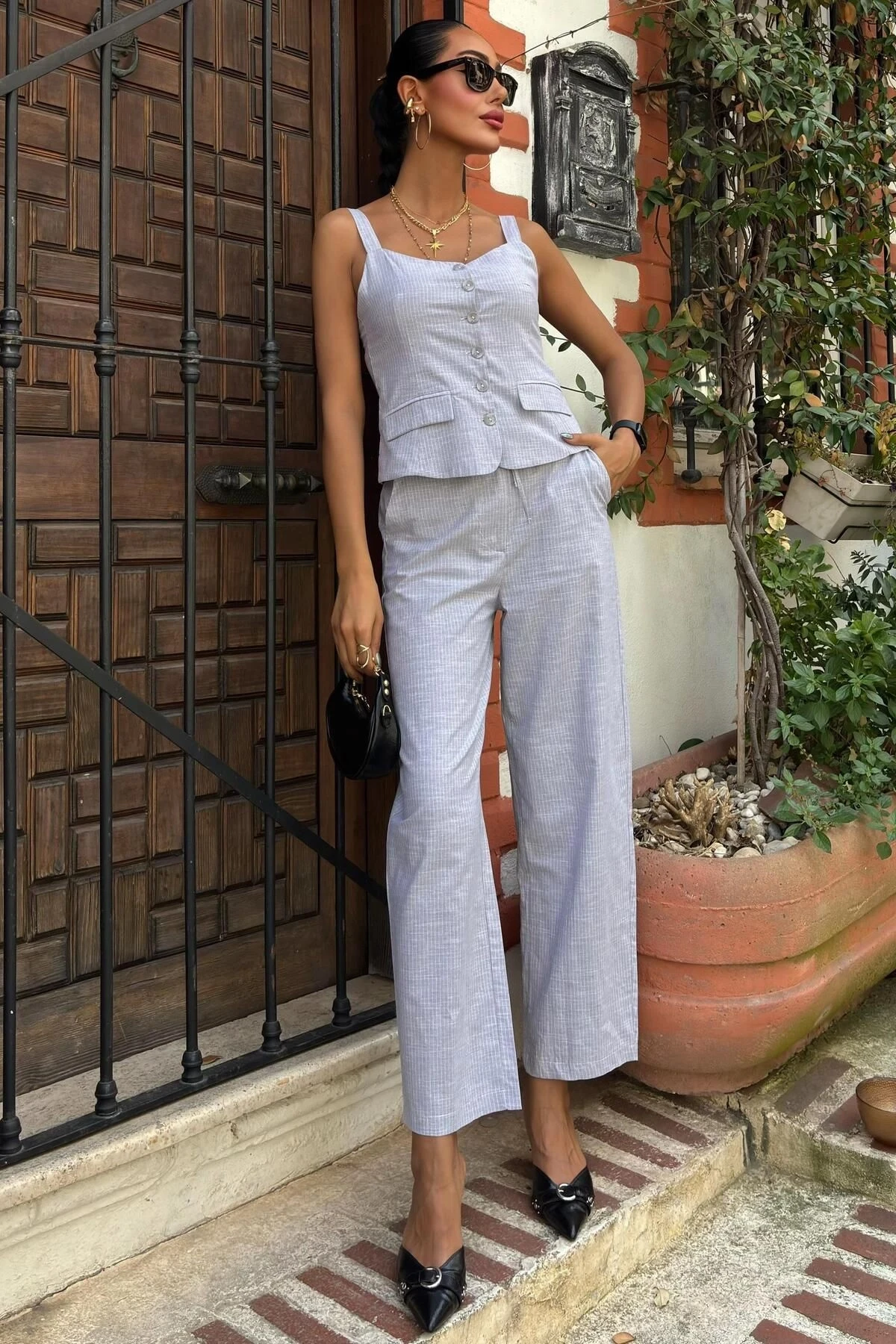 Kadın Gri Keten V Yaka Askılı Uzun Takım