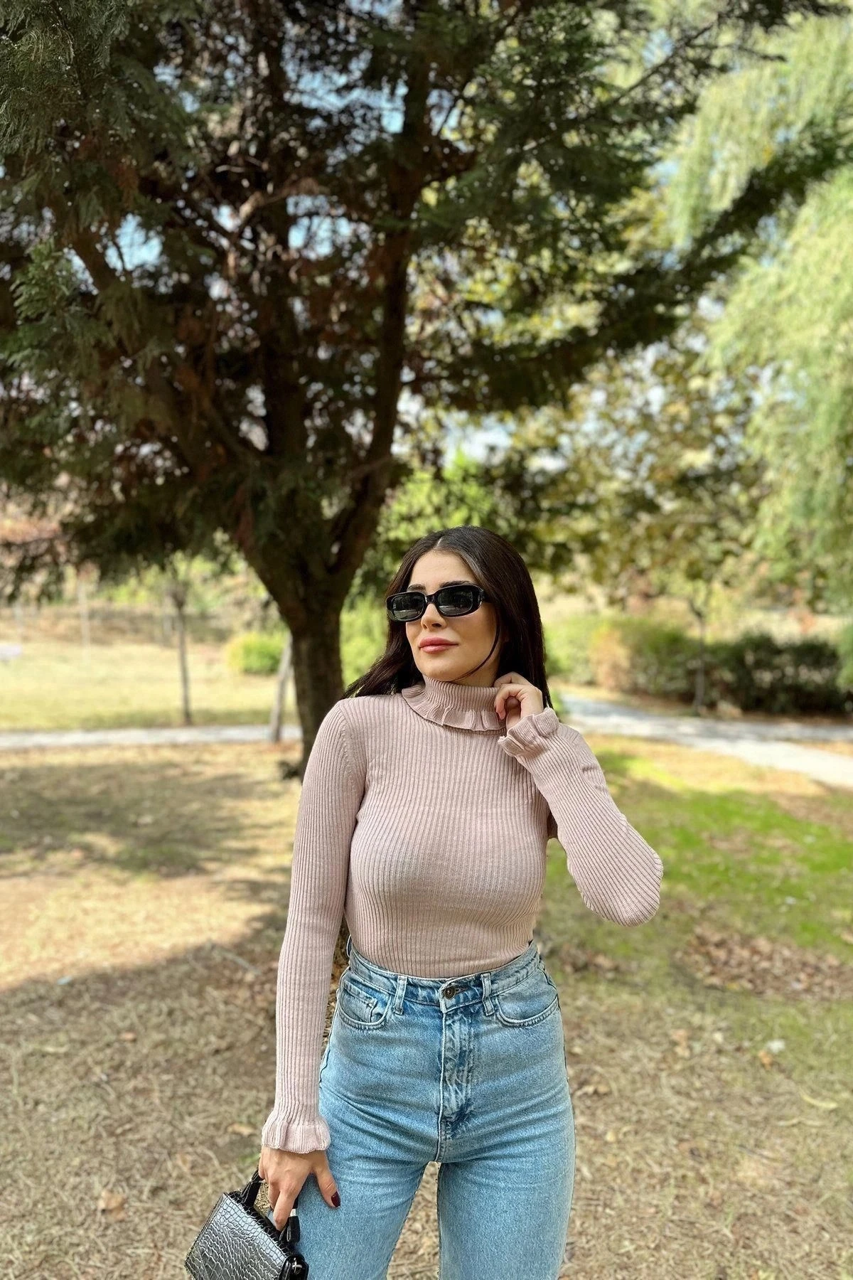 Kadın Gül Kurusu Fırfırlı Boğazlı Yaka, Uzun Kol, Vucüda Oturan Esnek Kumaş, Düz Desen, Triko Bluz