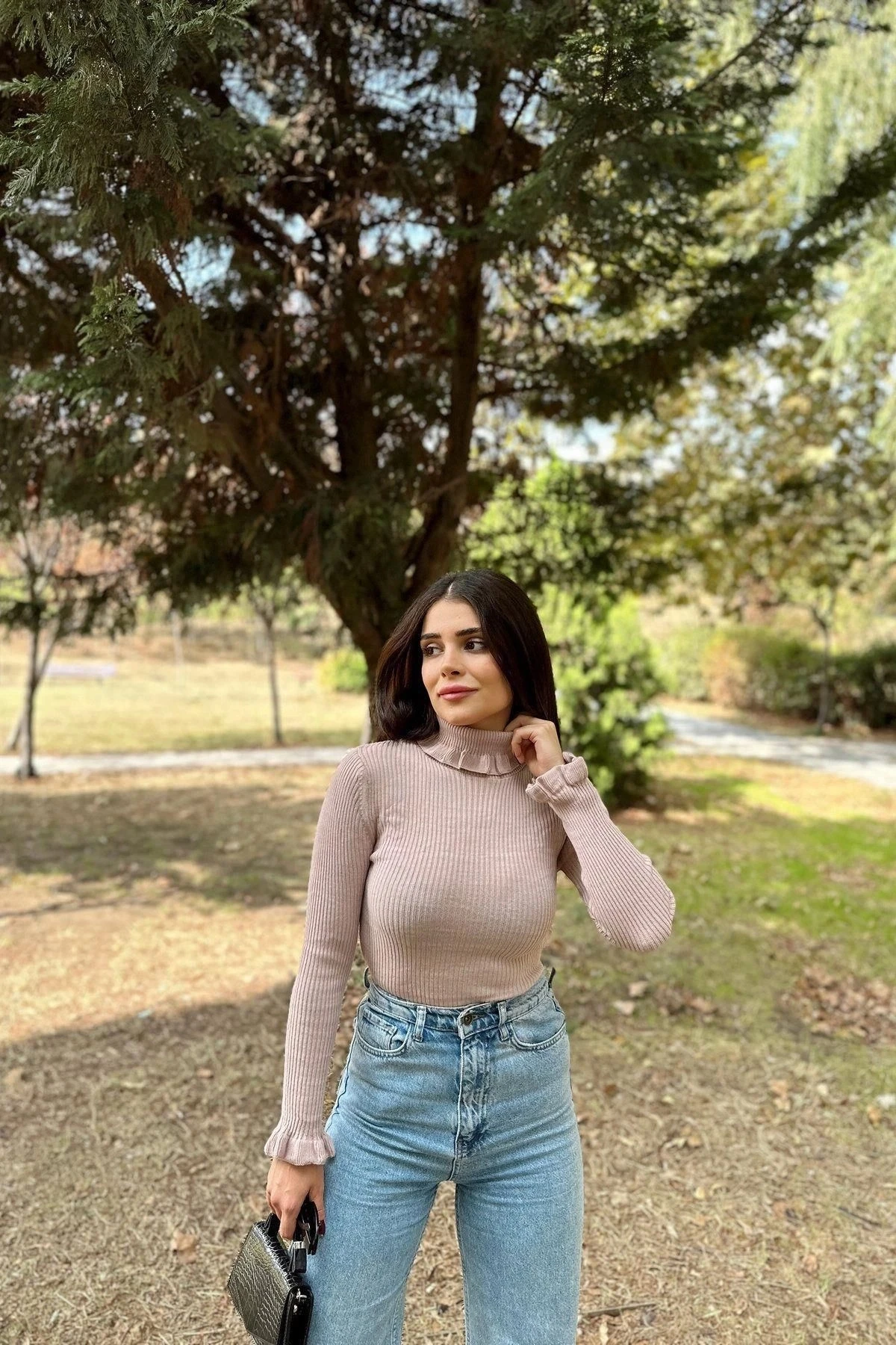 Kadın Gül Kurusu Fırfırlı Boğazlı Yaka, Uzun Kol, Vucüda Oturan Esnek Kumaş, Düz Desen, Triko Bluz