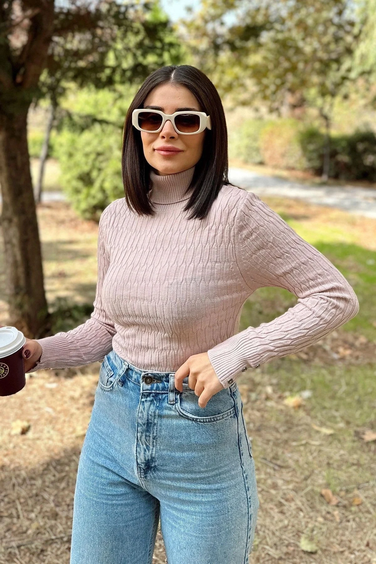 Kadın Gül Kurusu , Uzun Kol, Vucüda Oturan Esnek Kumaş, Düğme Manşet, Örgü Desen, Triko Bluz