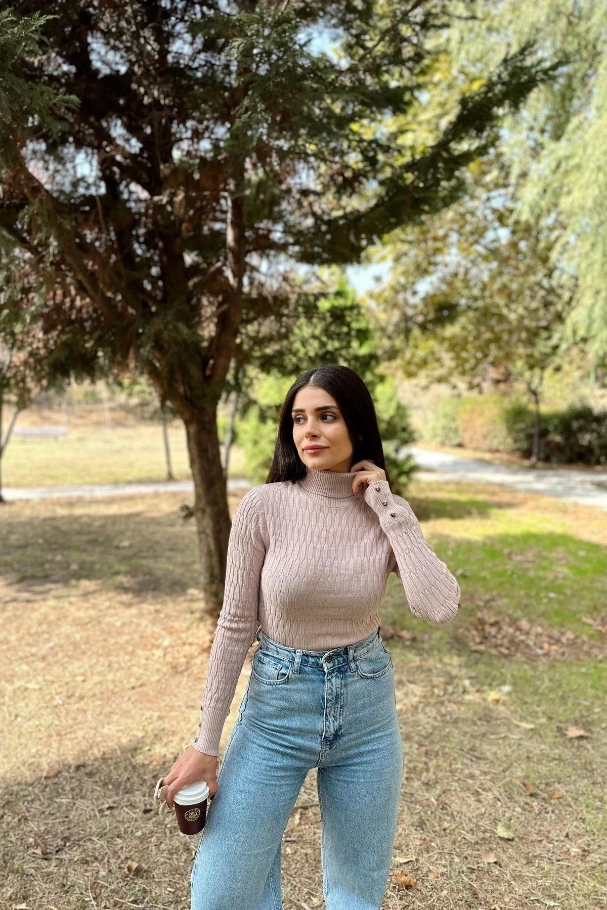 Kadın Gül Kurusu , Uzun Kol, Vucüda Oturan Esnek Kumaş, Düğme Manşet, Örgü Desen, Triko Bluz