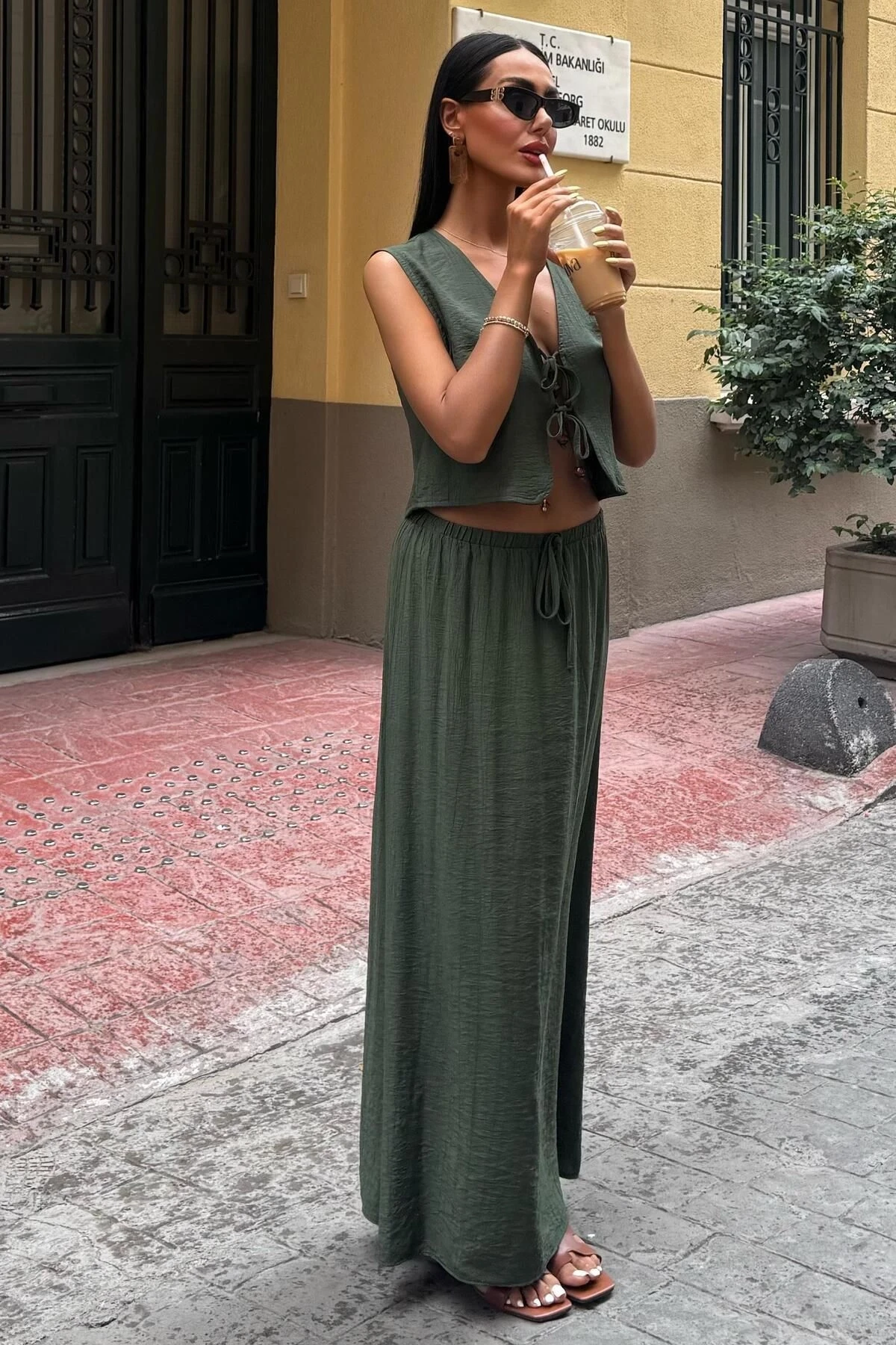 Kadın Haki Kolsuz Düz Dokuma Rayon İkili Takım