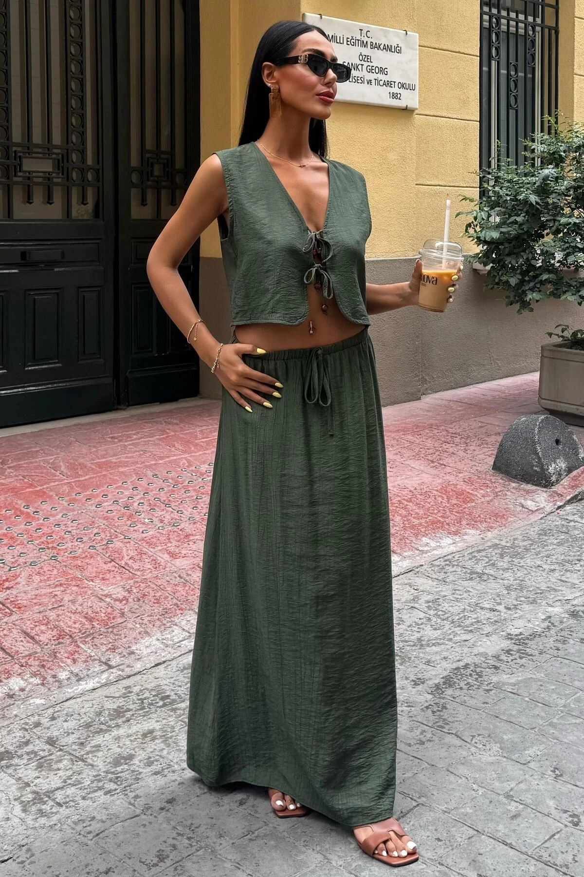 Kadın Haki Kolsuz Düz Dokuma Rayon İkili Takım