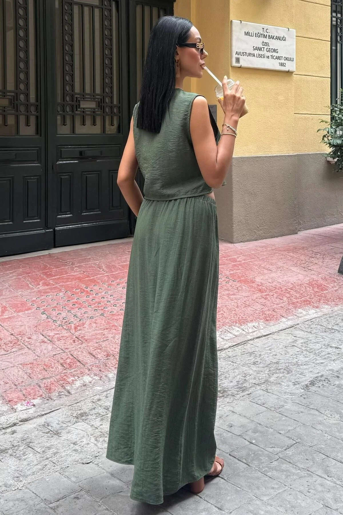 Kadın Haki Kolsuz Düz Dokuma Rayon İkili Takım