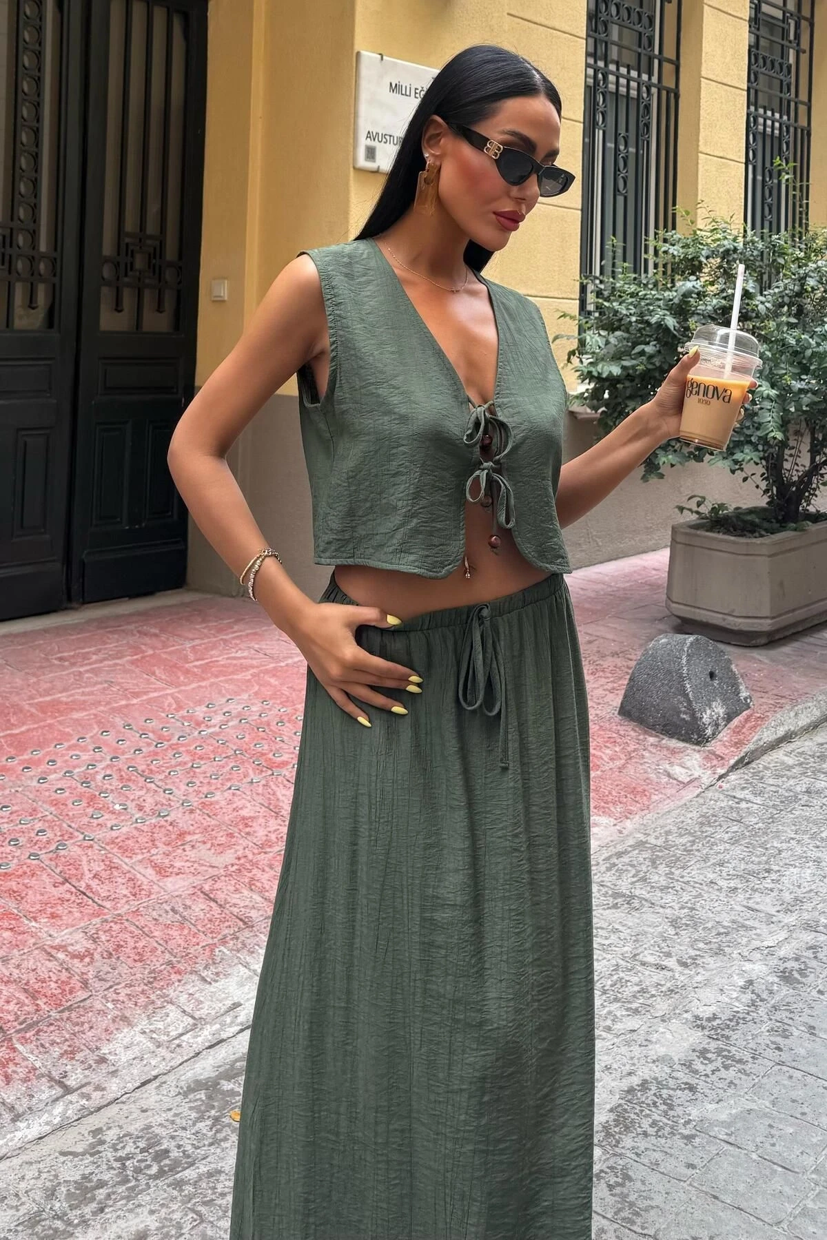 Kadın Haki Kolsuz Düz Dokuma Rayon İkili Takım