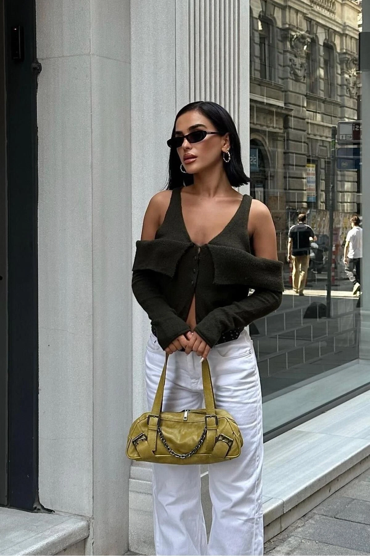 Kadın Haki Kruvaze Triko Kısa Hırka